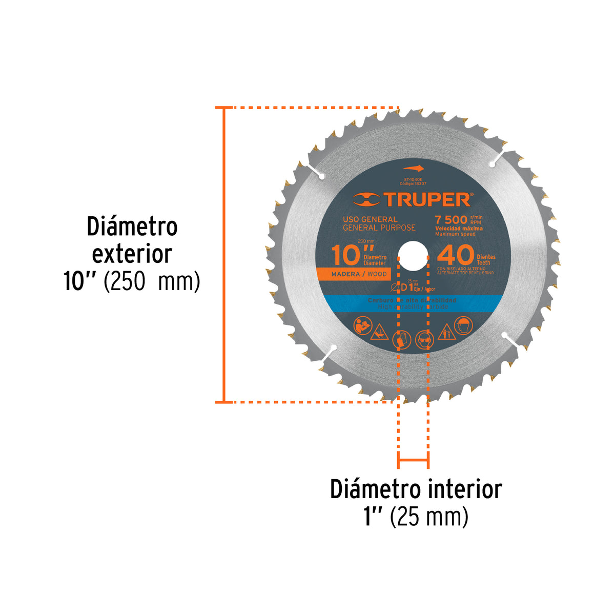 Disco sierra p/madera 10", 40 dientes, centro 1"