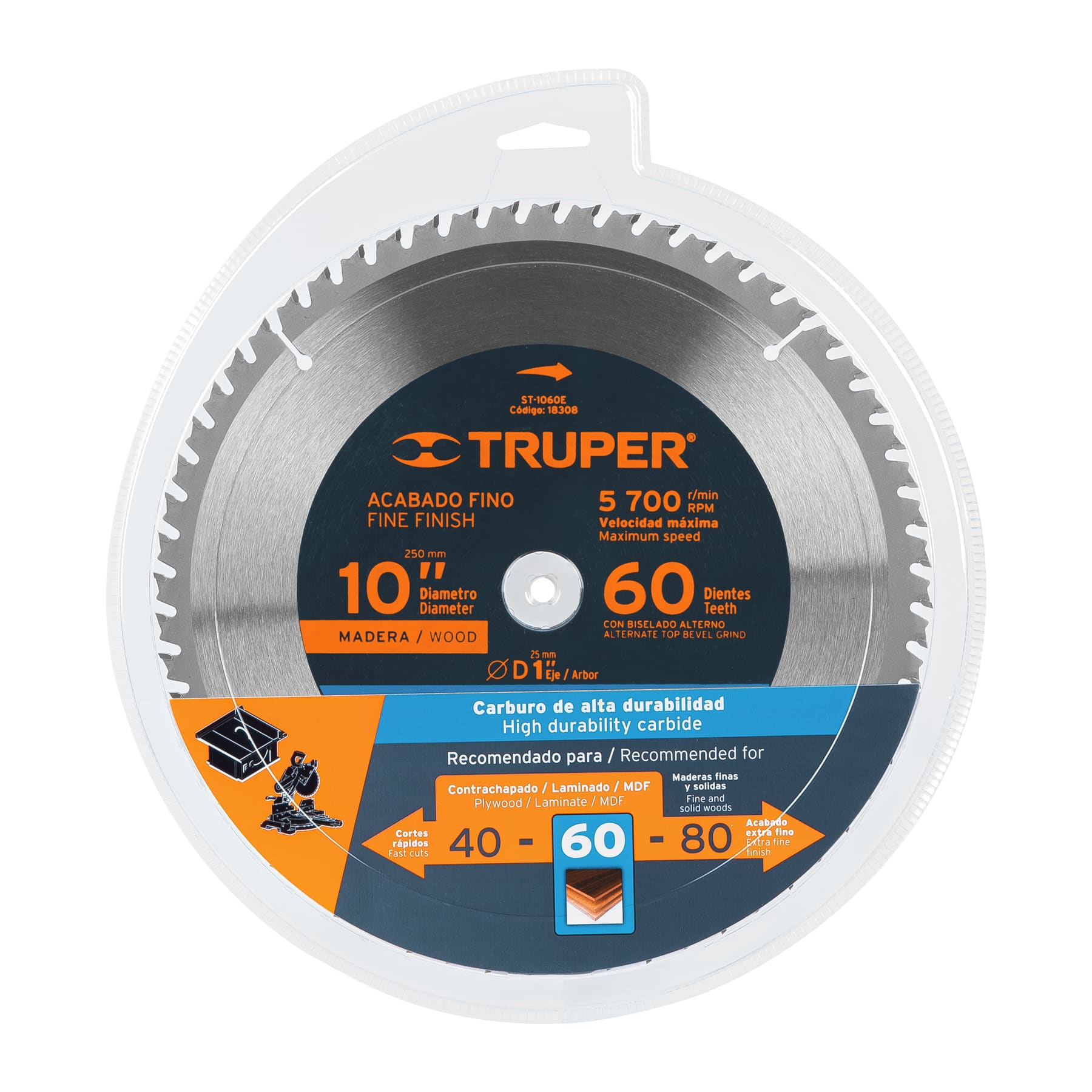 Disco sierra p/madera 10", 60 dientes, centro 1"
