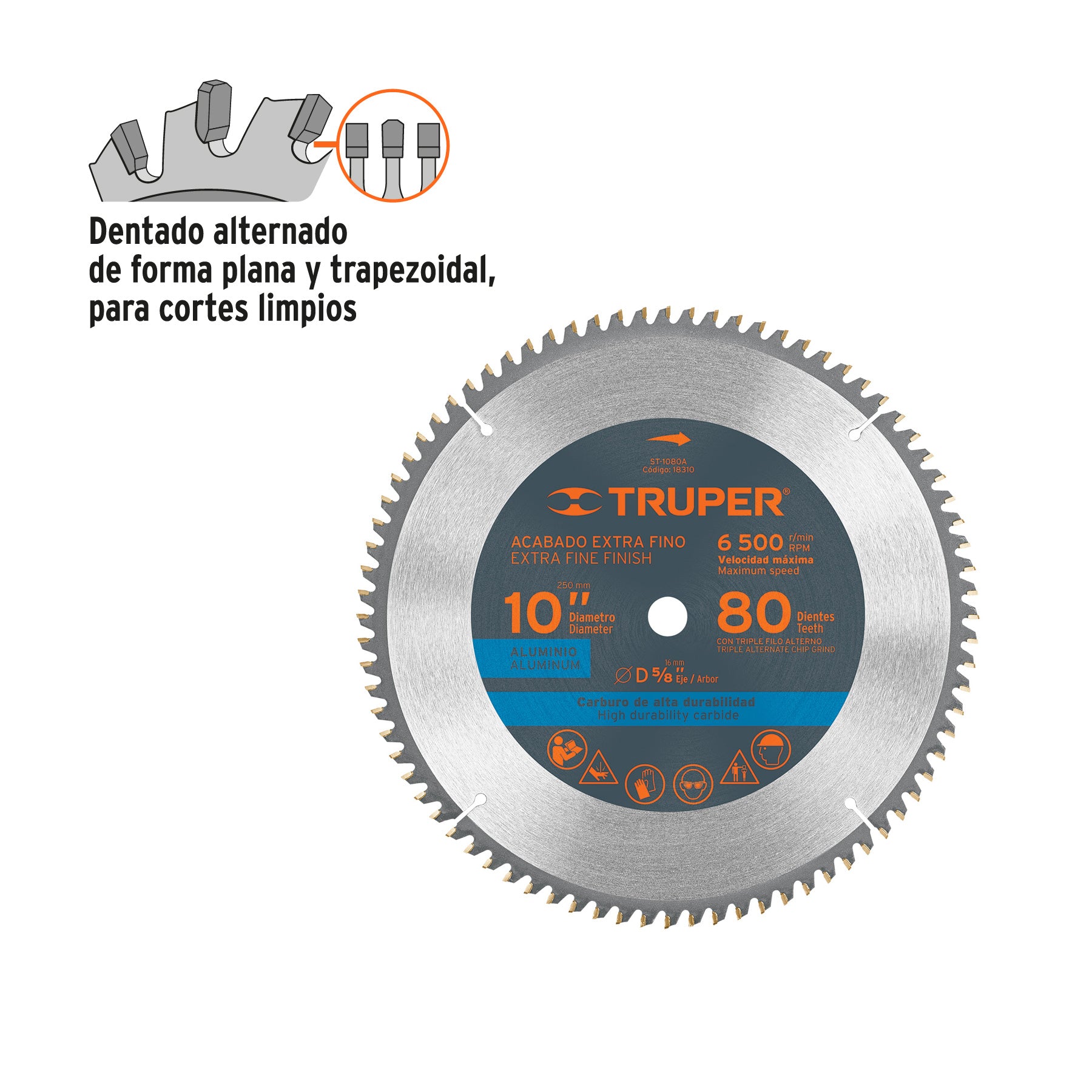 Disco sierra p/aluminio 10", 80 dientes, centro 5/8"