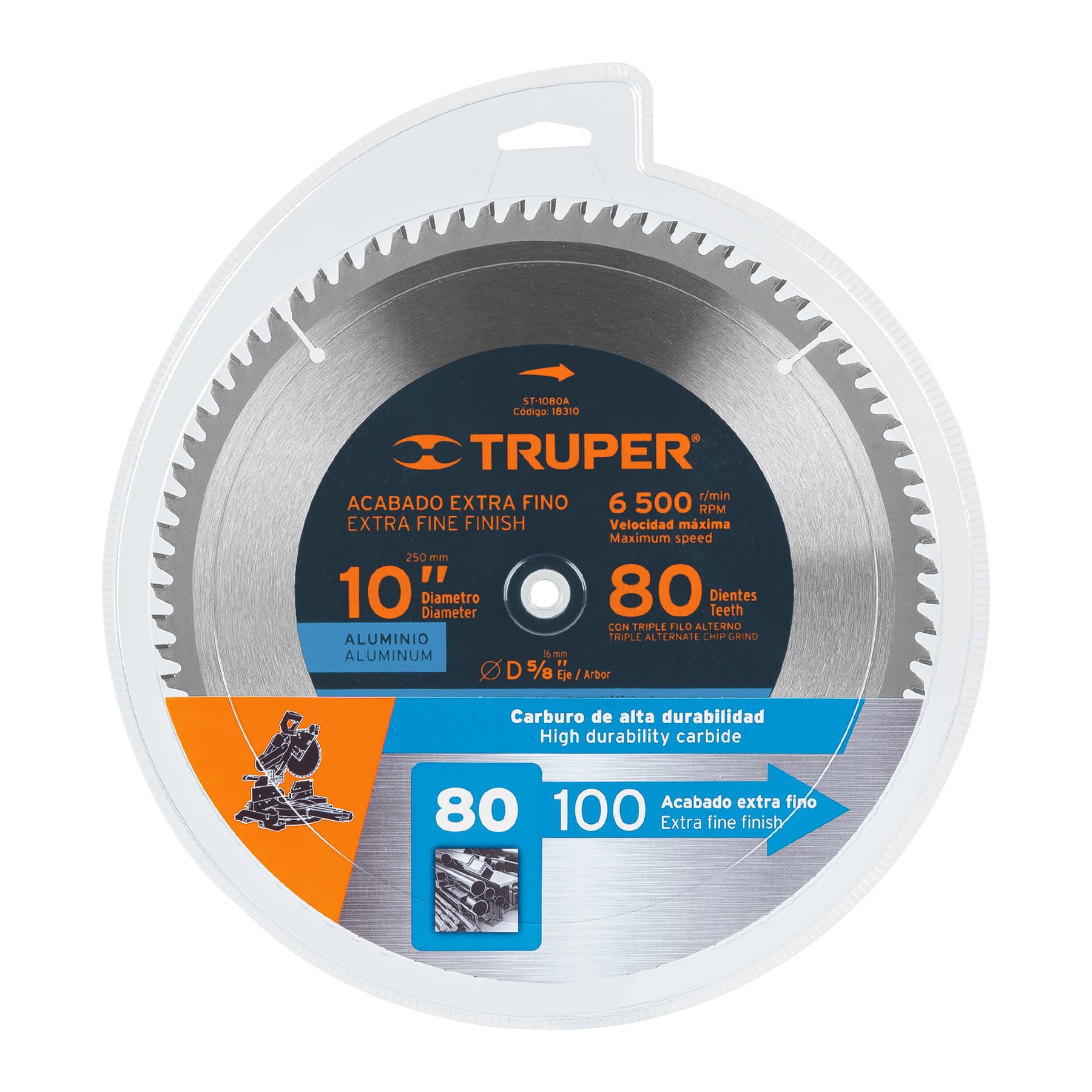 Disco sierra p/aluminio 10", 80 dientes, centro 5/8"