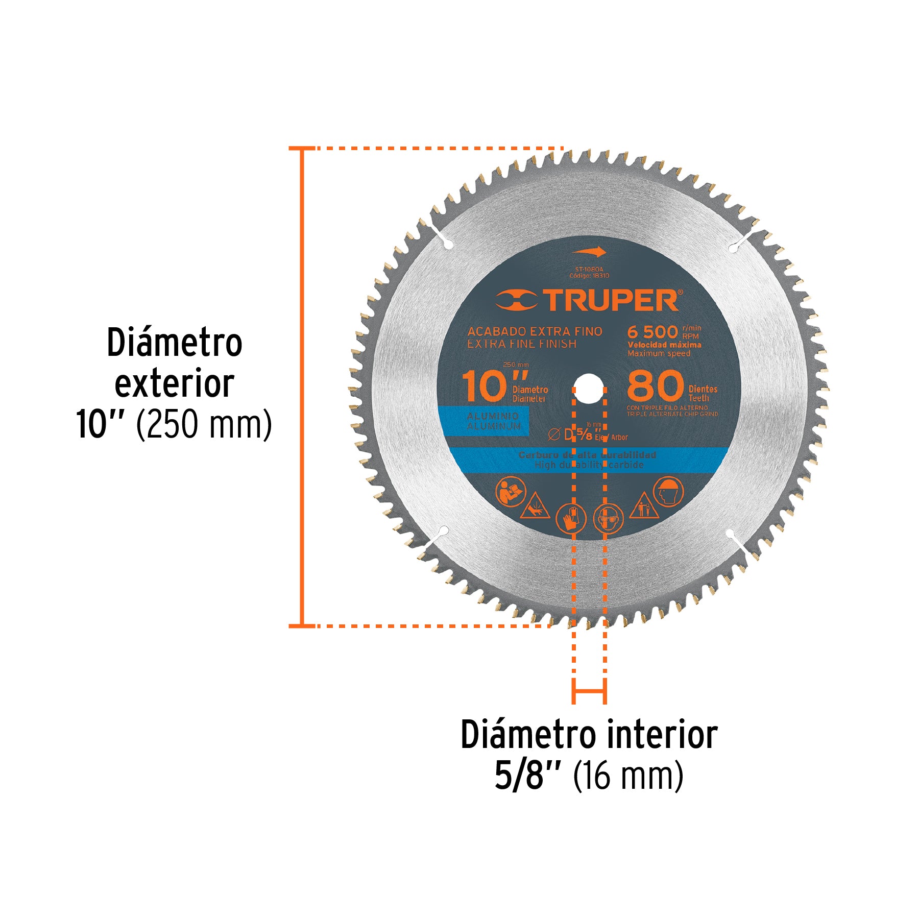 Disco sierra p/aluminio 10", 80 dientes, centro 5/8"