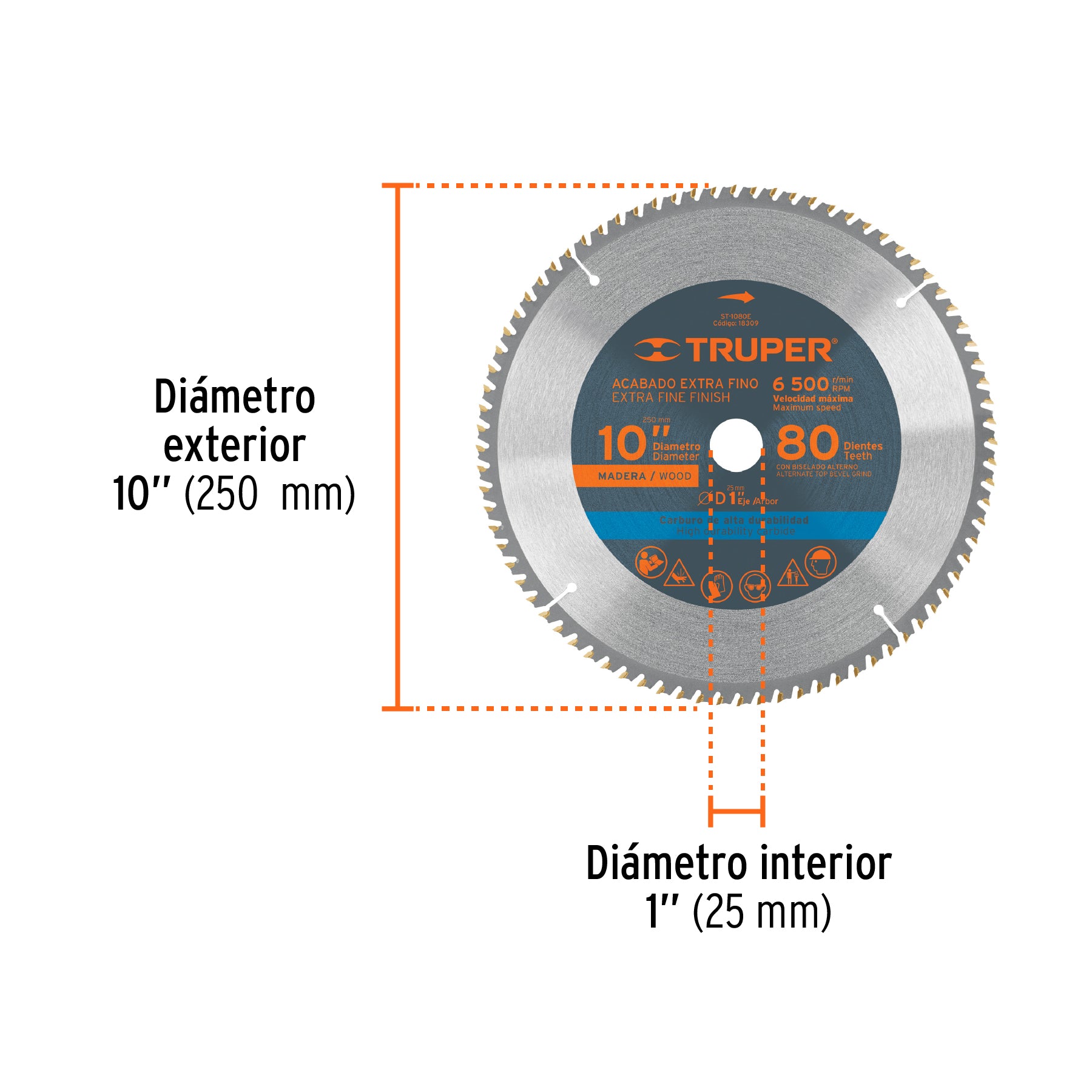 Disco sierra p/madera 10", 80 dientes, centro 1"