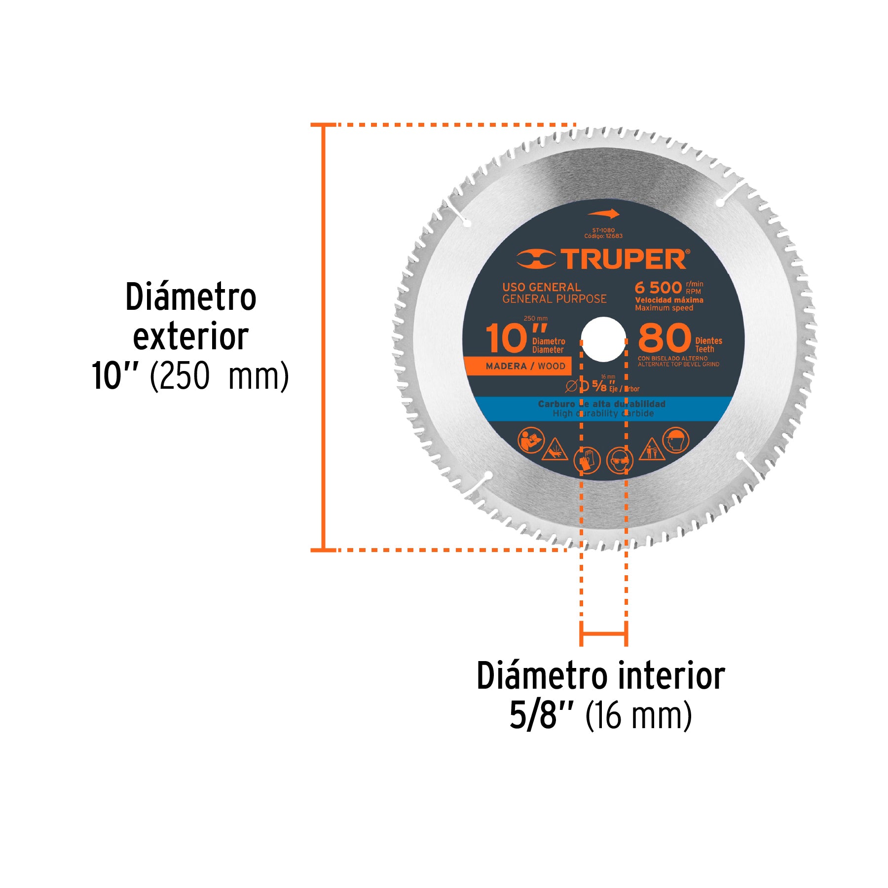 Disco sierra p/madera 10", 80 dientes, centro 5/8"