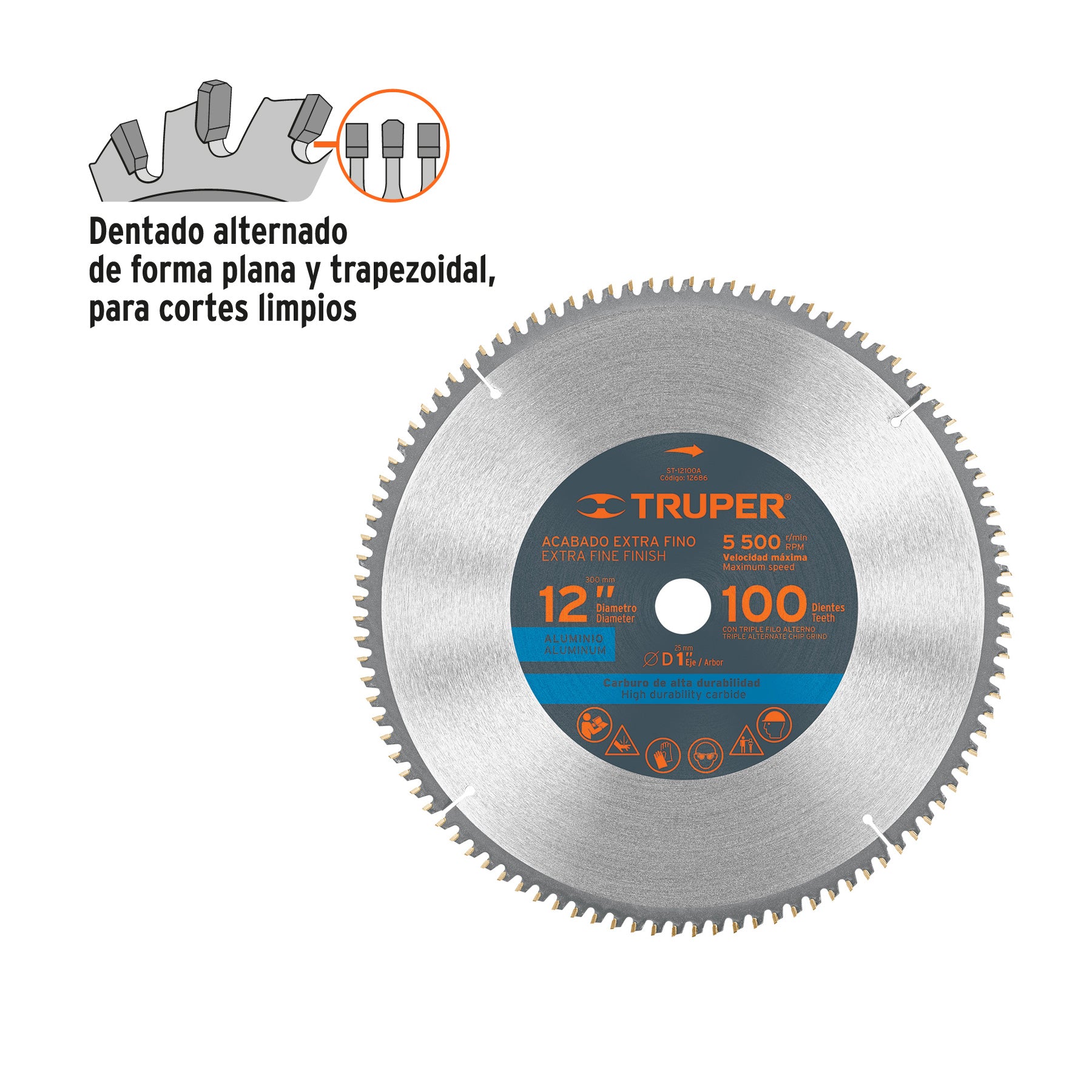 Disco sierra p/aluminio 12", 100 dientes, centro 1"