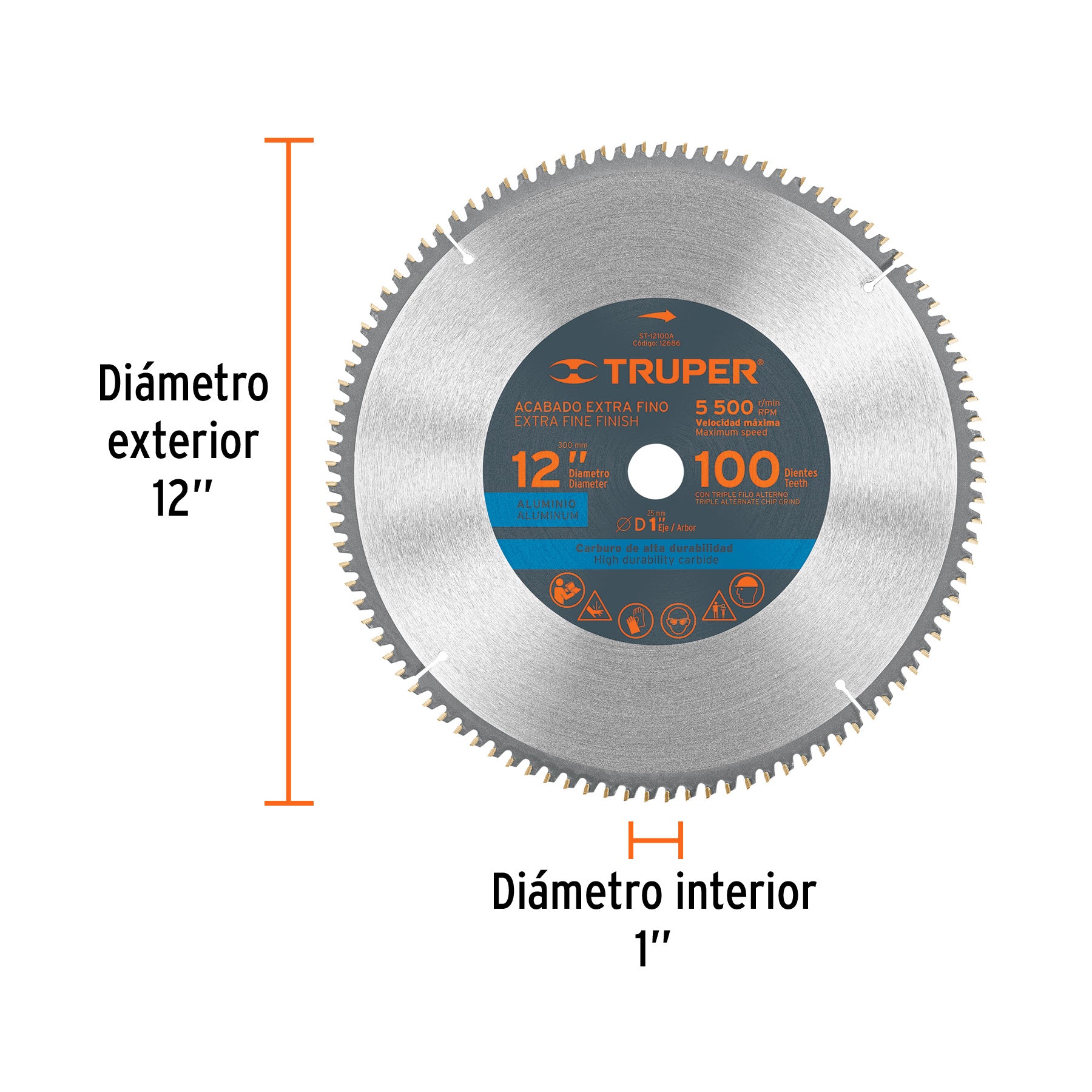 Disco sierra p/aluminio 12", 100 dientes, centro 1"