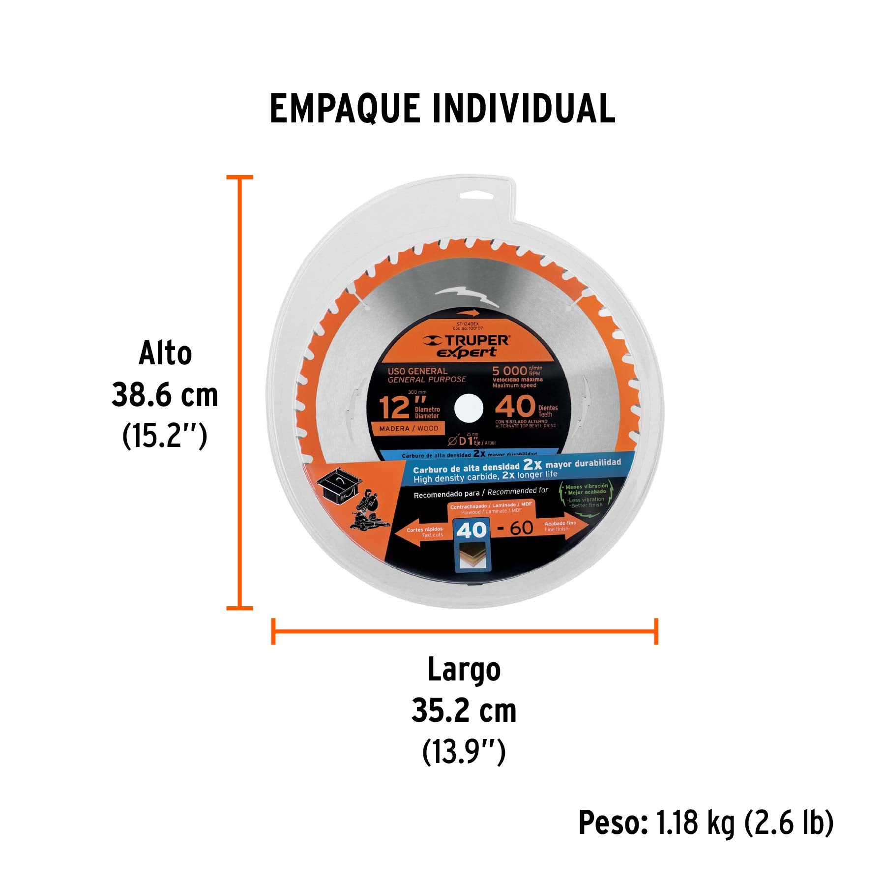 Disco sierra p/madera 12", 40dpp, centro 1", Expert