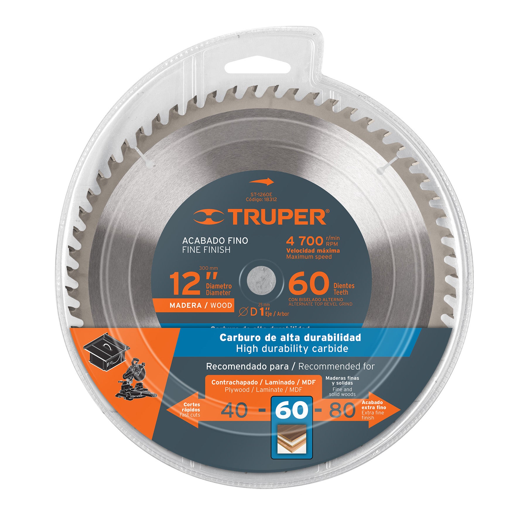 Disco sierra p/madera 12", 60 dientes, centro 1"