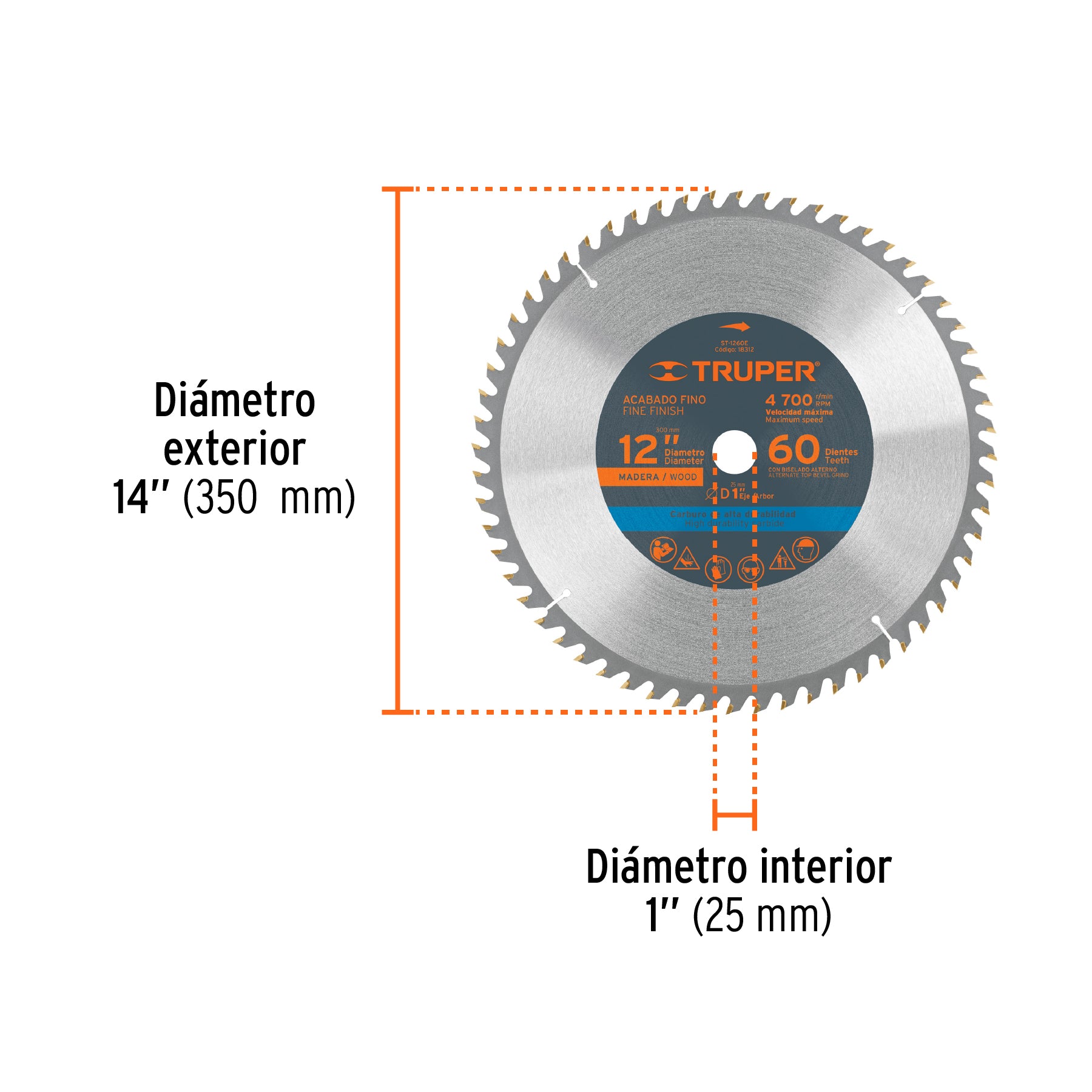 Disco sierra p/madera 12", 60 dientes, centro 1"