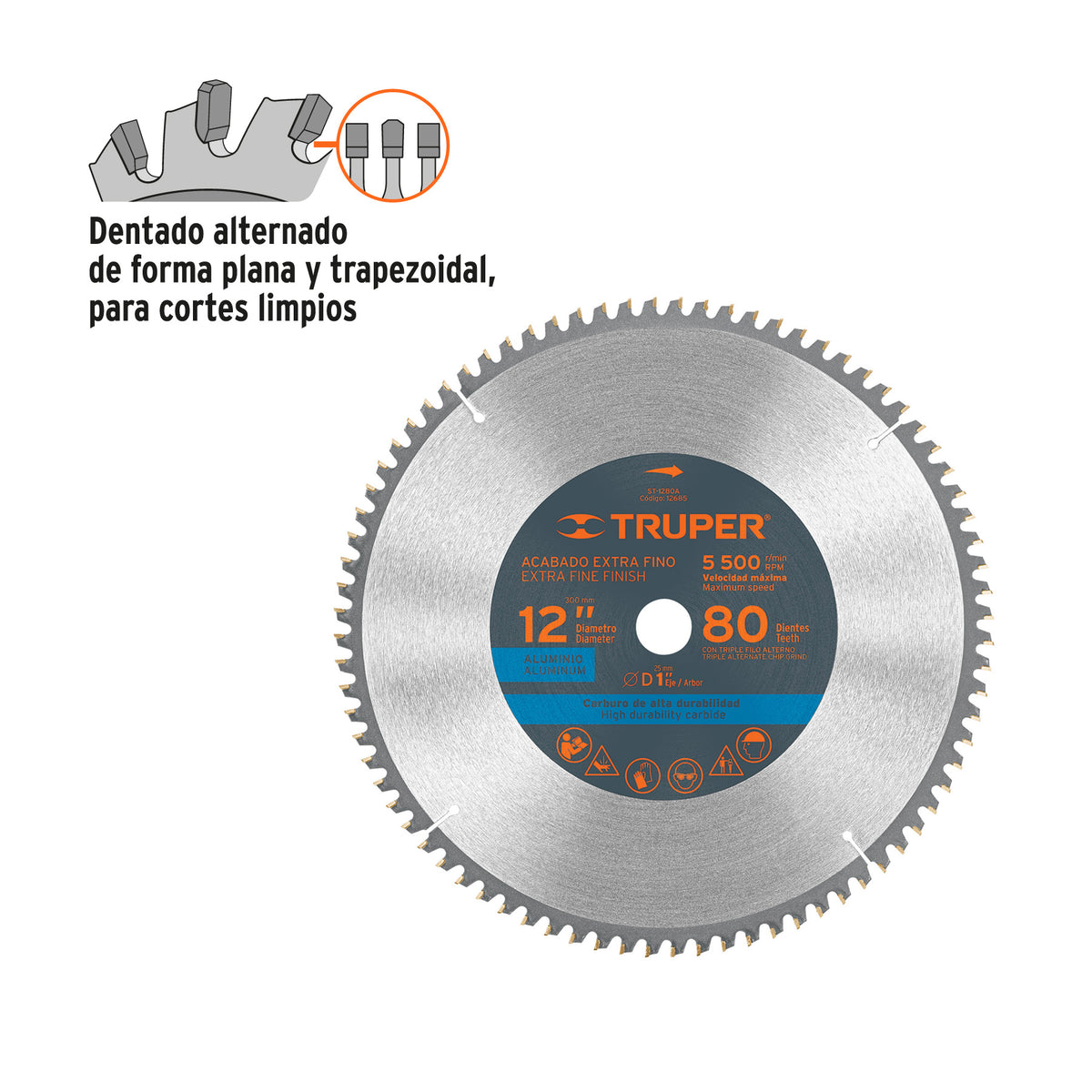 Disco sierra p/aluminio 12", 80 dientes, centro 1"
