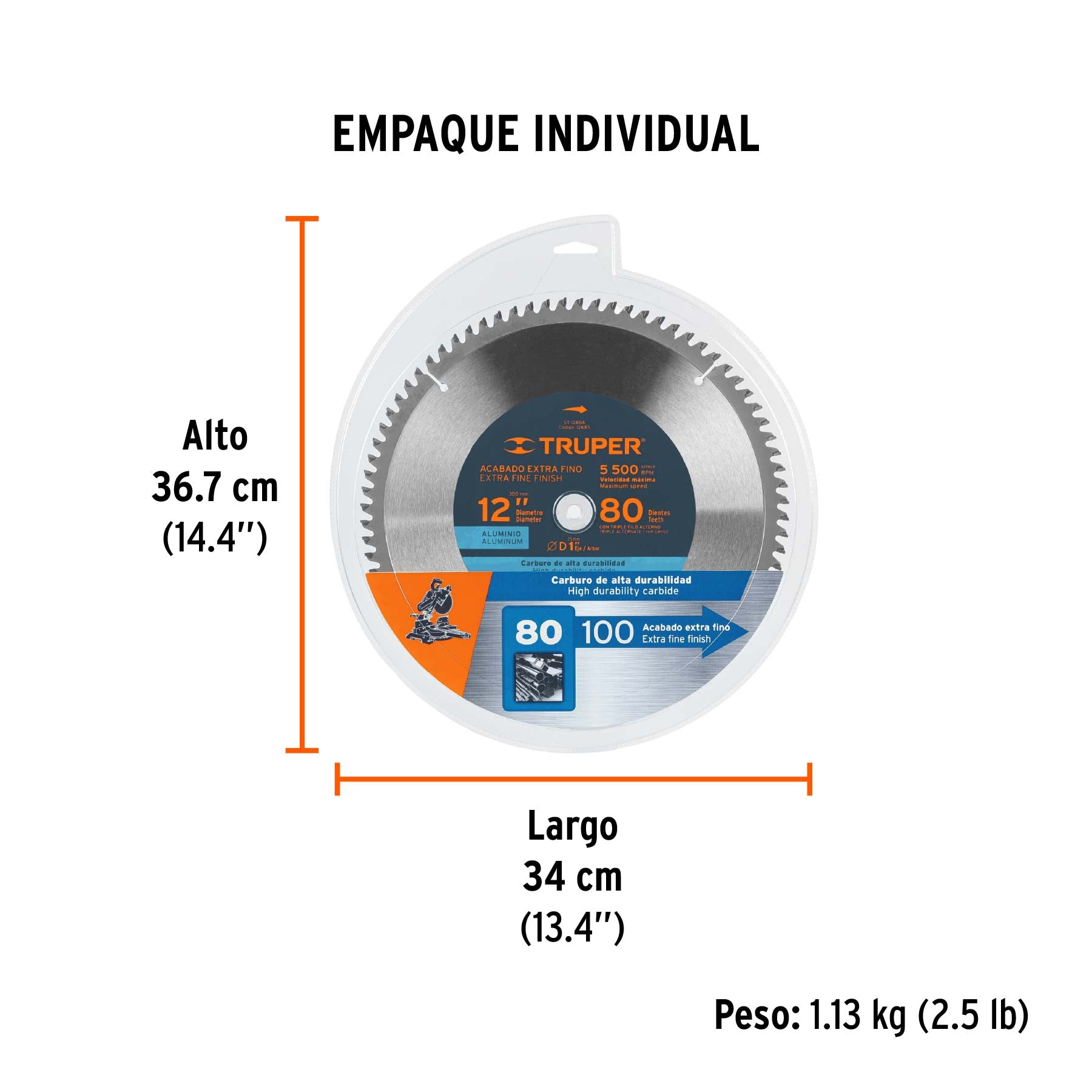 Disco sierra p/aluminio 12", 80 dientes, centro 1"