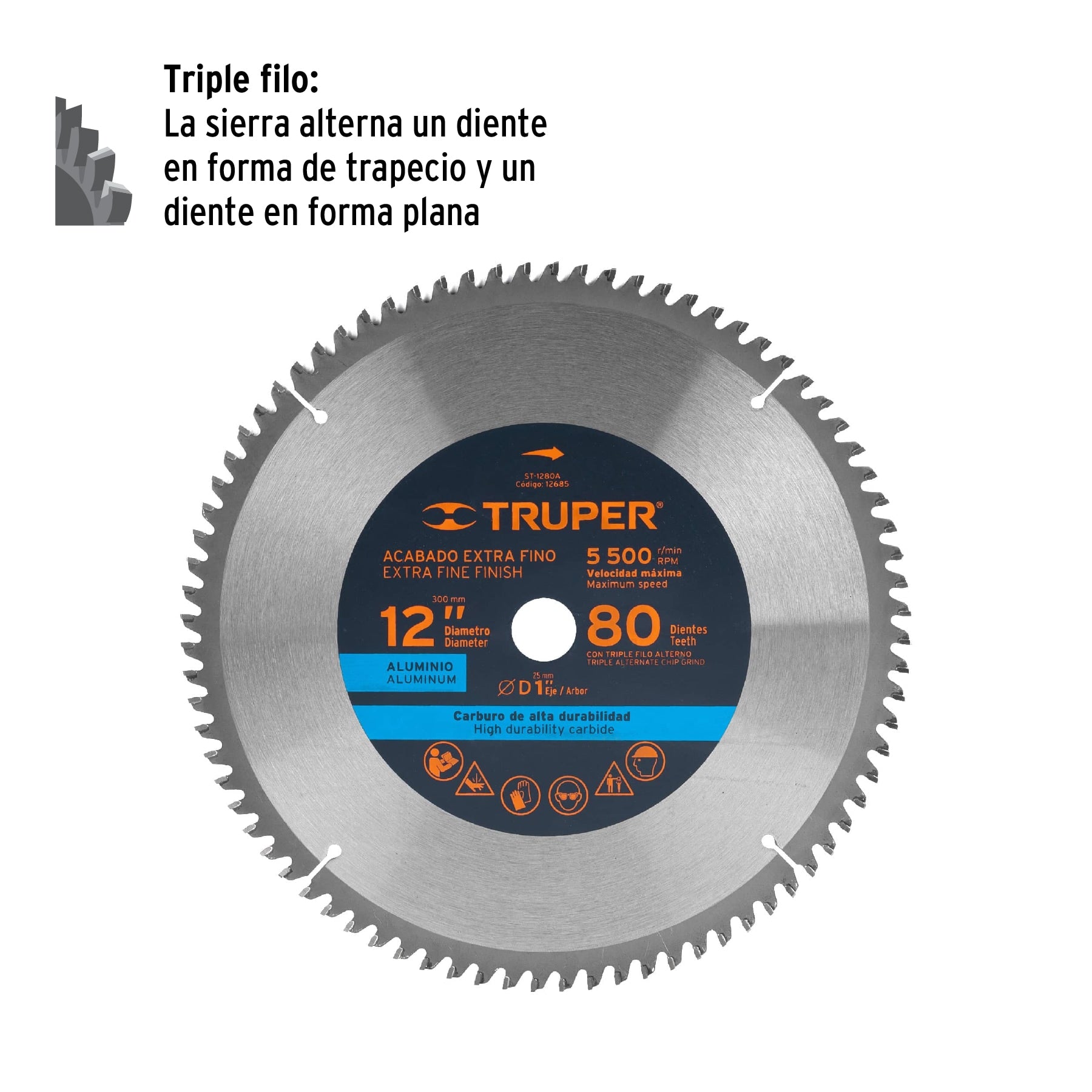 Disco sierra p/aluminio 12", 80 dientes, centro 1"