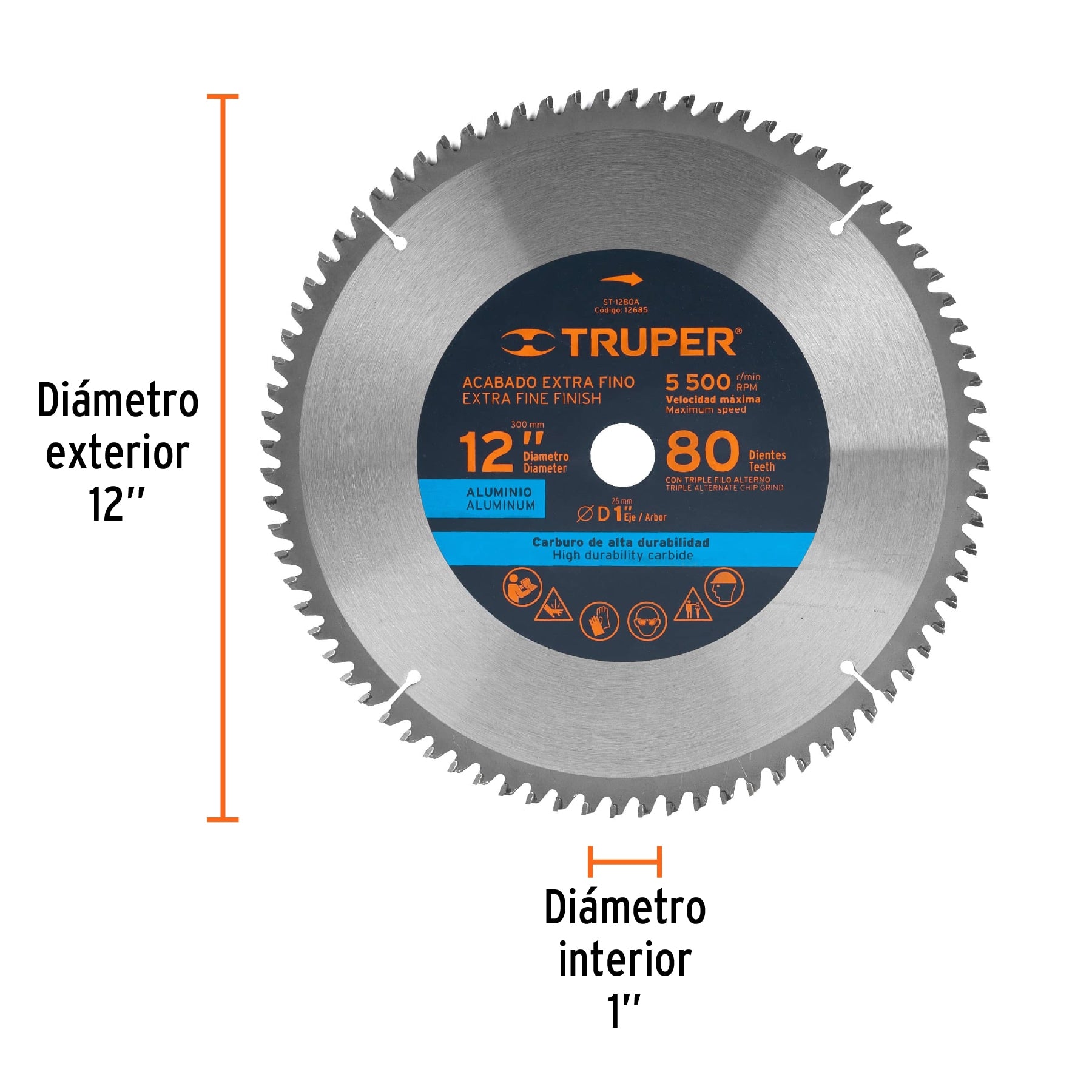 Disco sierra p/aluminio 12", 80 dientes, centro 1"