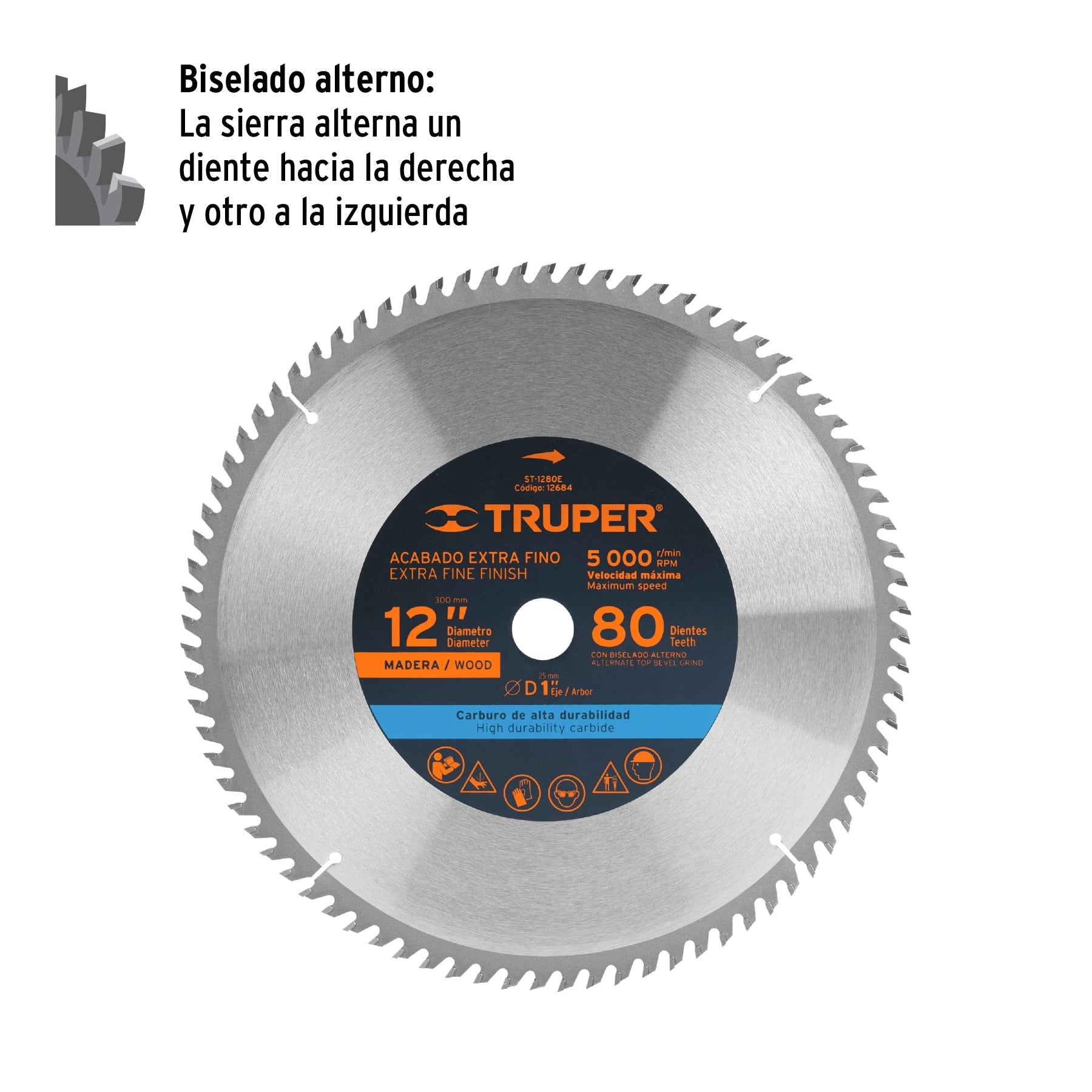 Disco sierra p/madera 12", 80 dientes, centro 1"