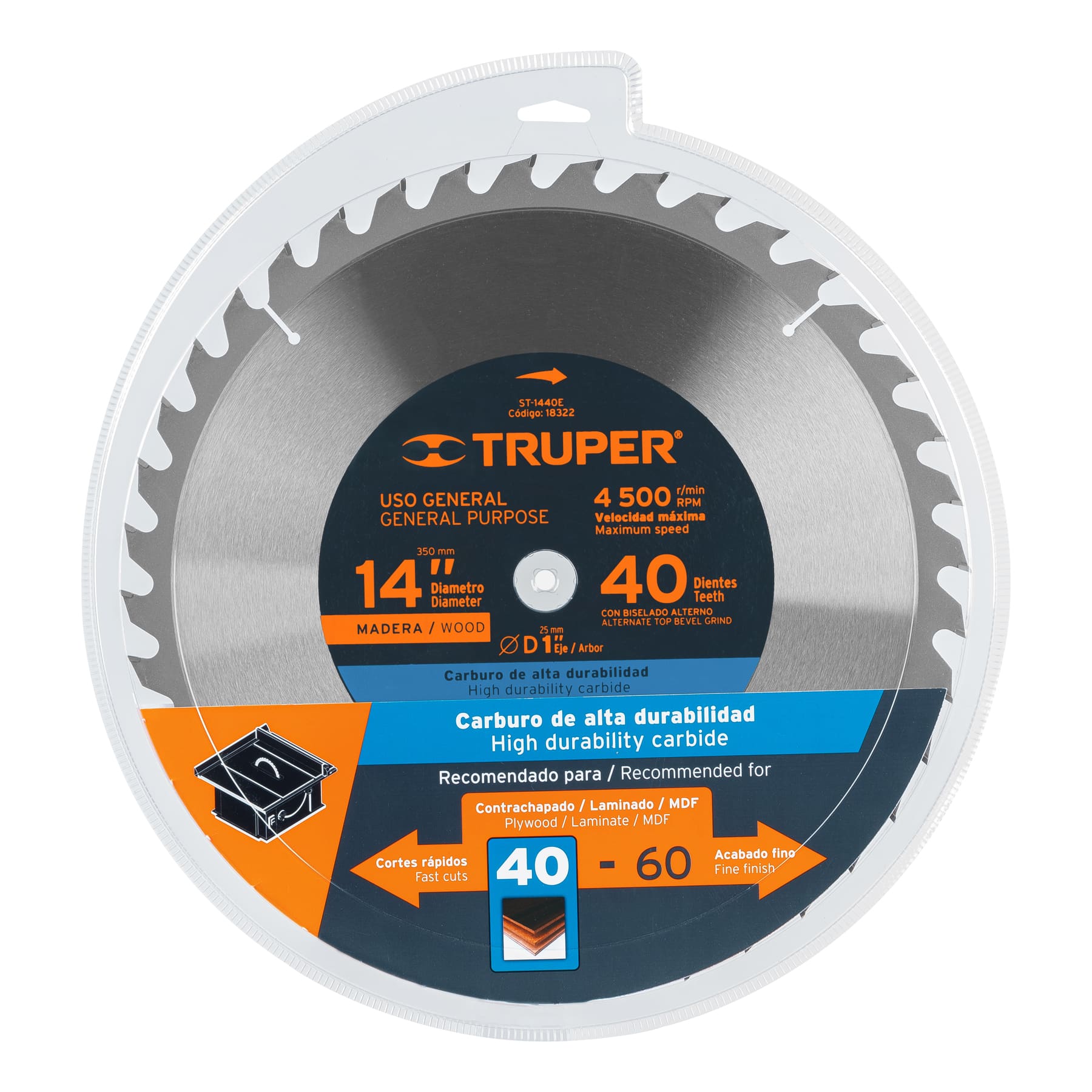 Disco sierra p/madera 14", 40 dientes, centro 1"