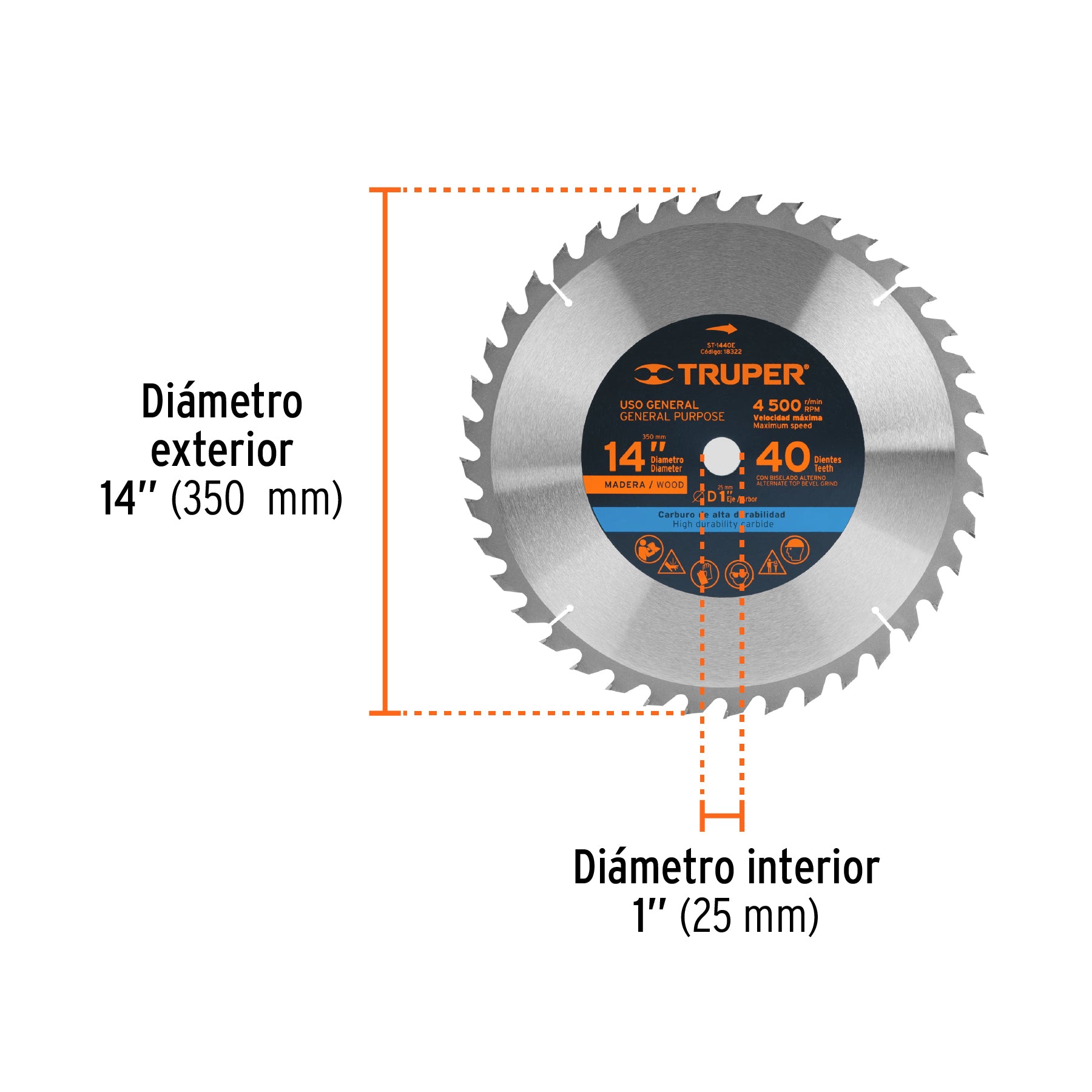 Disco sierra p/madera 14", 40 dientes, centro 1"