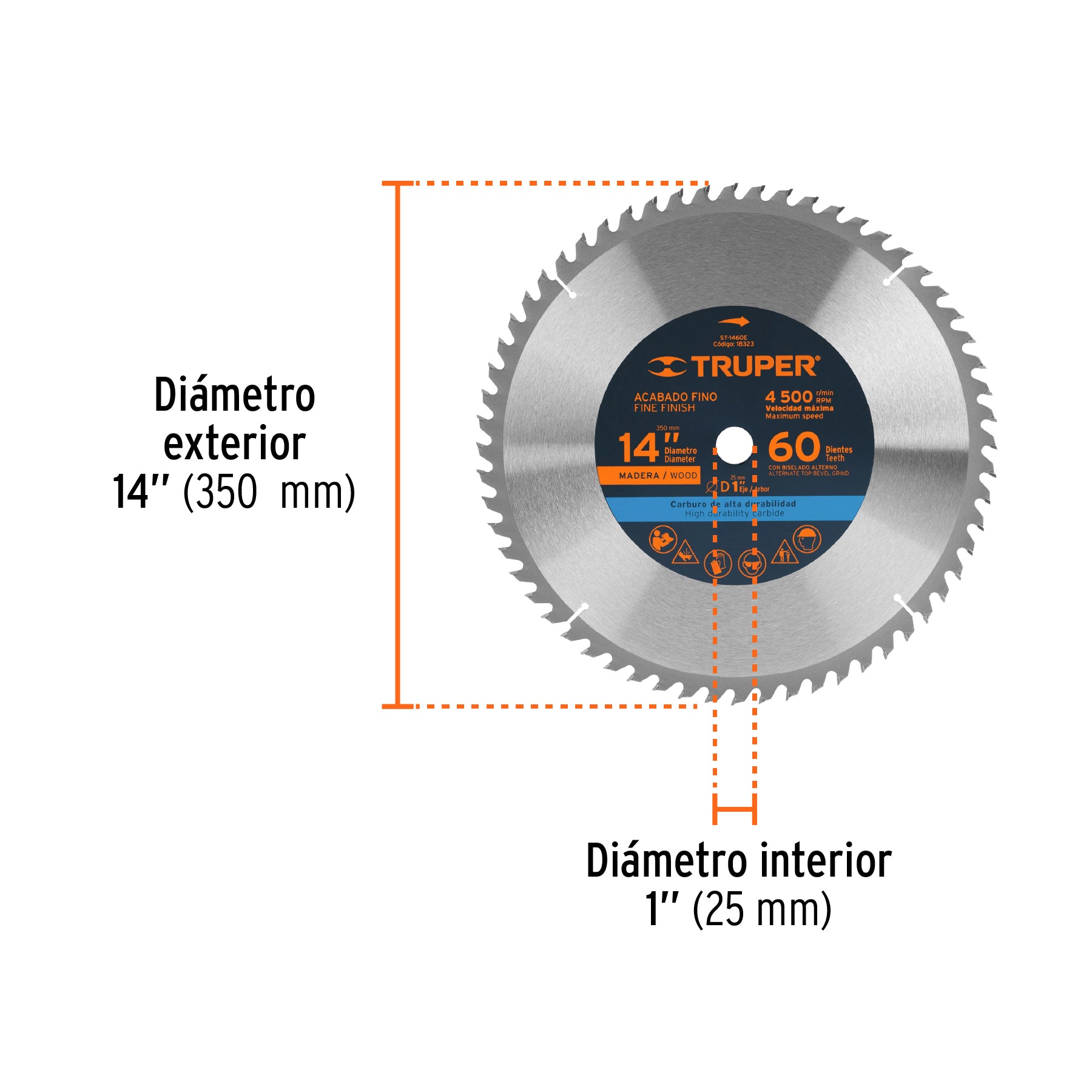 Disco sierra p/madera 14", 60 dientes, centro 1"