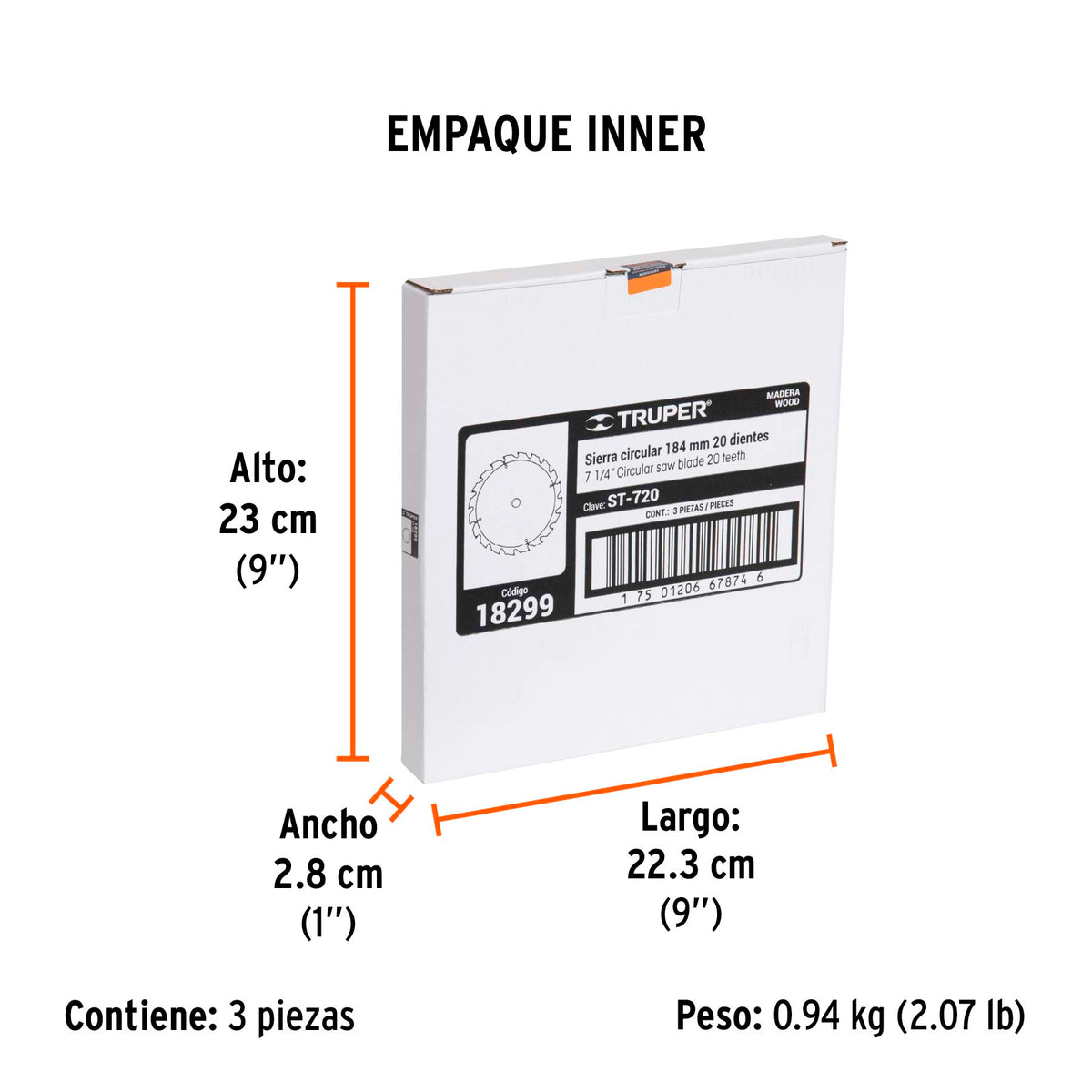 Disco sierra p/madera 7- 1/4", 20 dientes, centro 5/8"