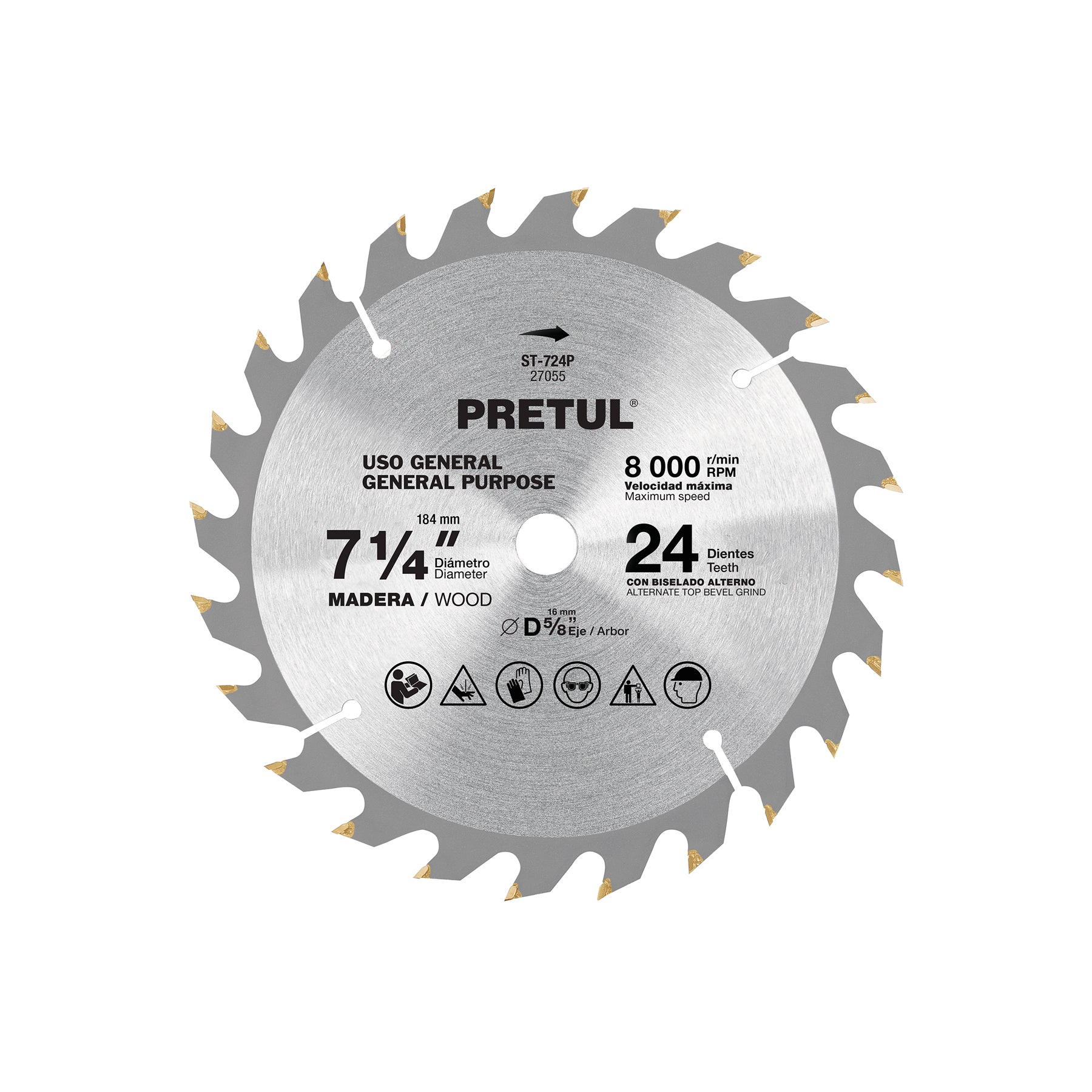 Sierra circular p/madera7-1/4",24 dientes,centro 5/8",Pretul