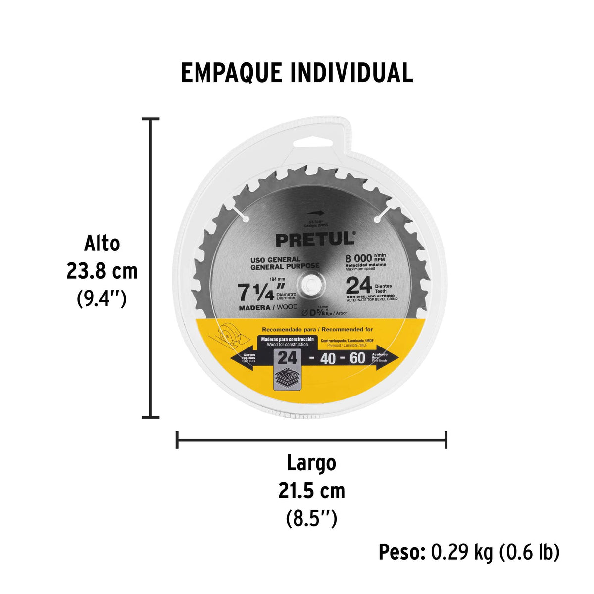 Sierra circular p/madera7-1/4",24 dientes,centro 5/8",Pretul