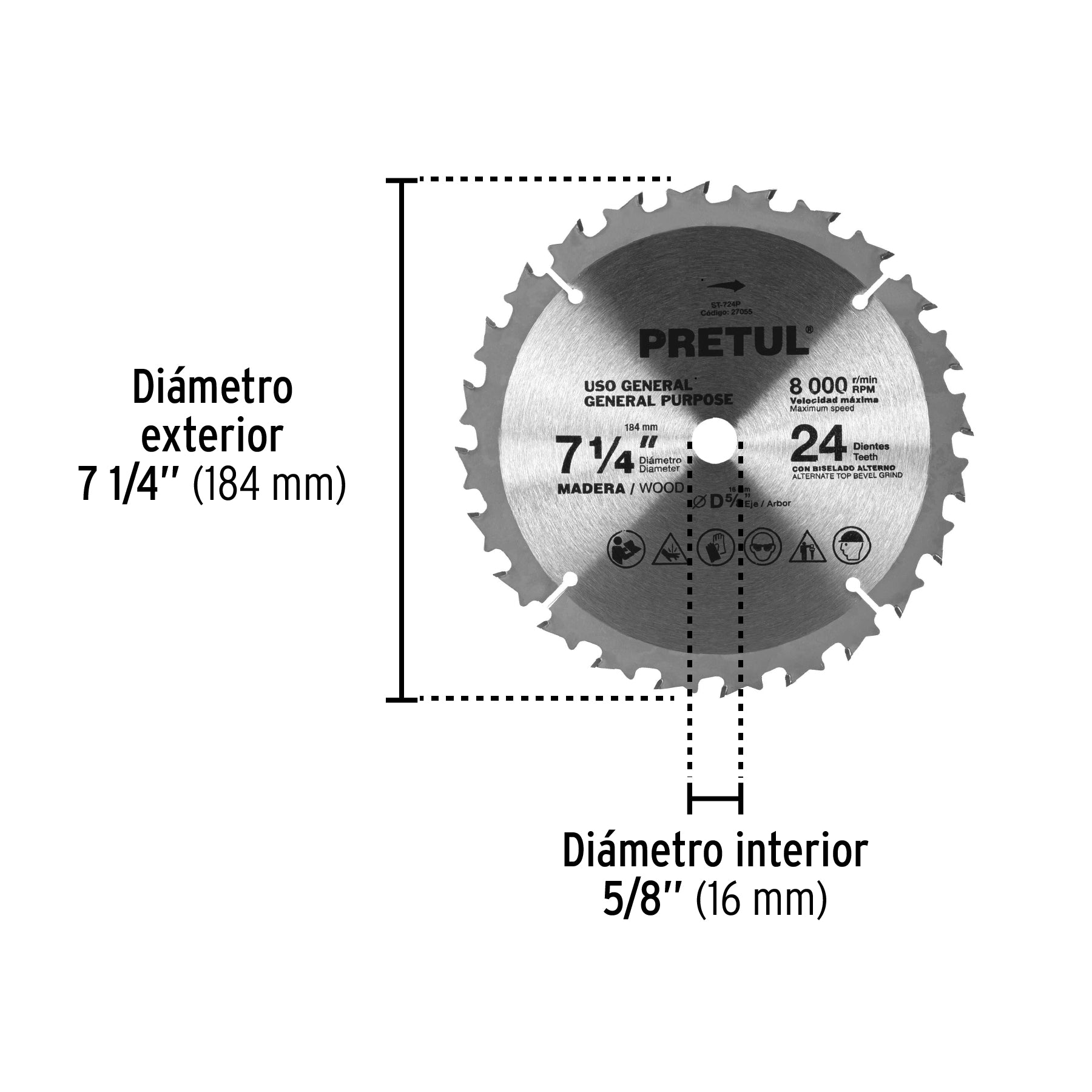 Sierra circular p/madera7-1/4",24 dientes,centro 5/8",Pretul