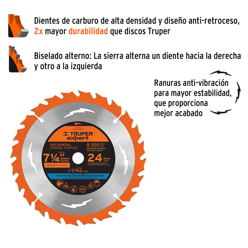 Disco sierra p/madera 7-1/4", 24dpp, centro 5/8",Expert