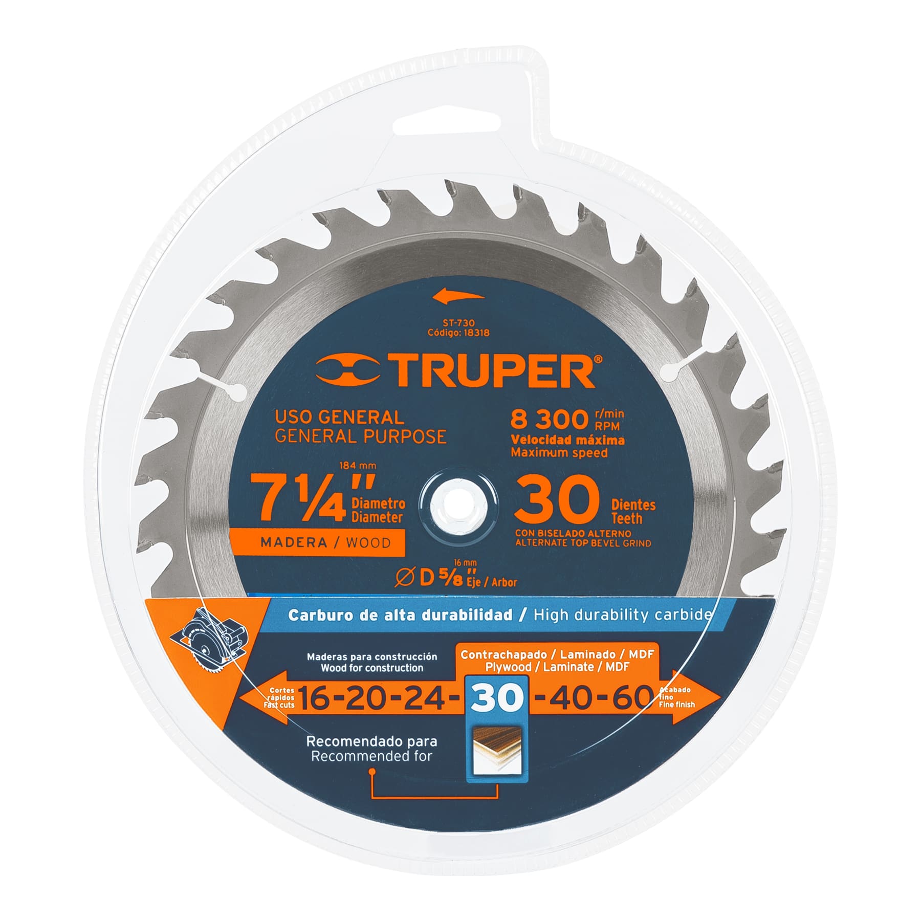 Disco sierra p/madera 7- 1/4", 30 dientes, centro 5/8"