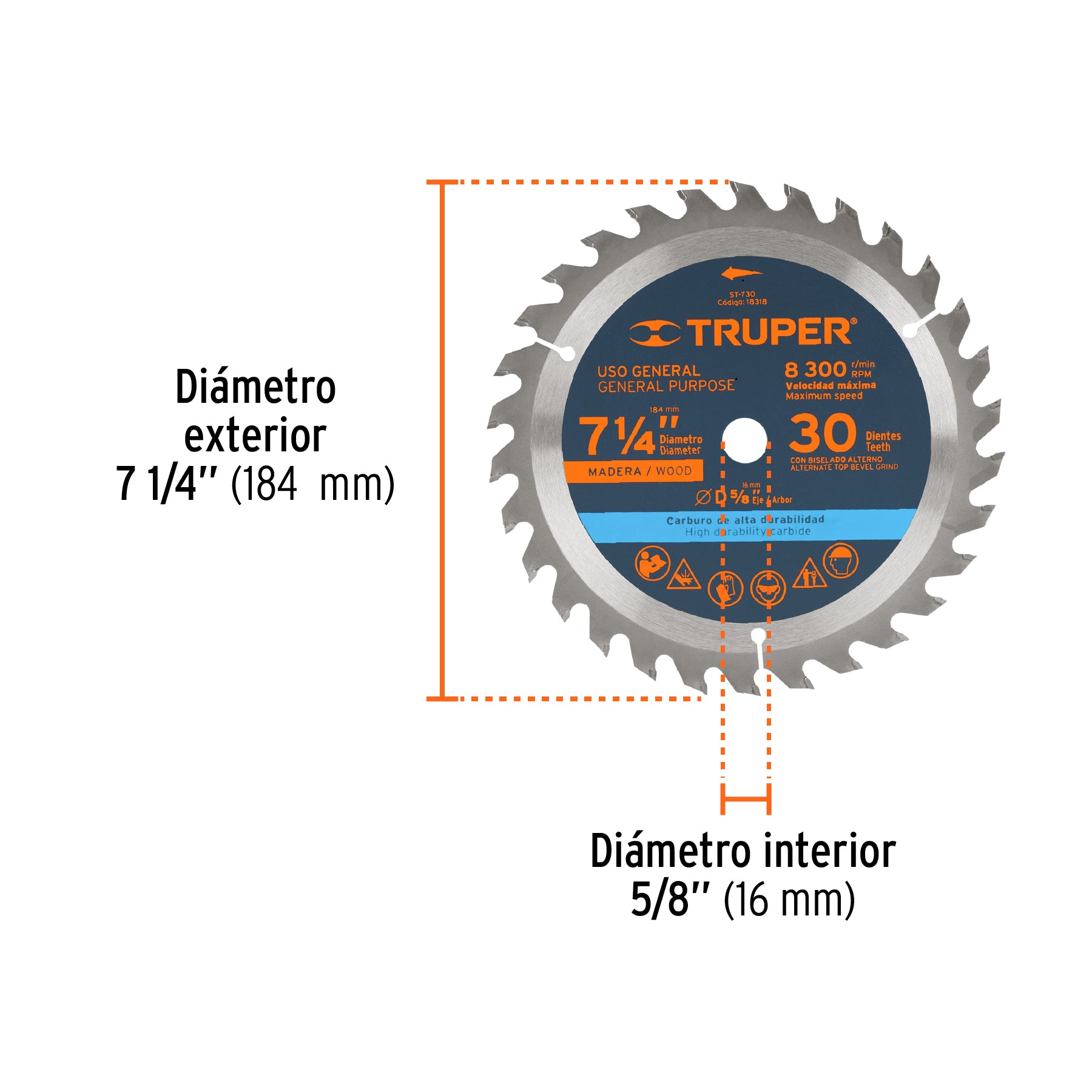 Disco sierra p/madera 7- 1/4", 30 dientes, centro 5/8"