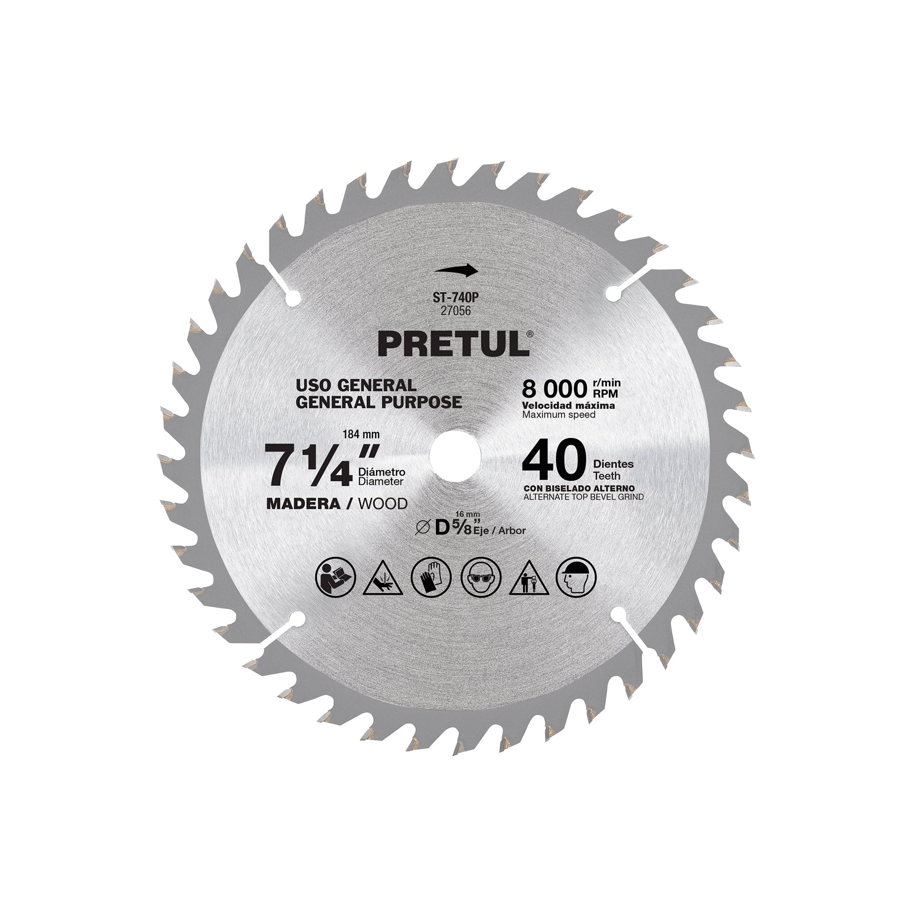 Sierra circular p/madera7-1/4",40 dientes,centro 5/8",Pretul