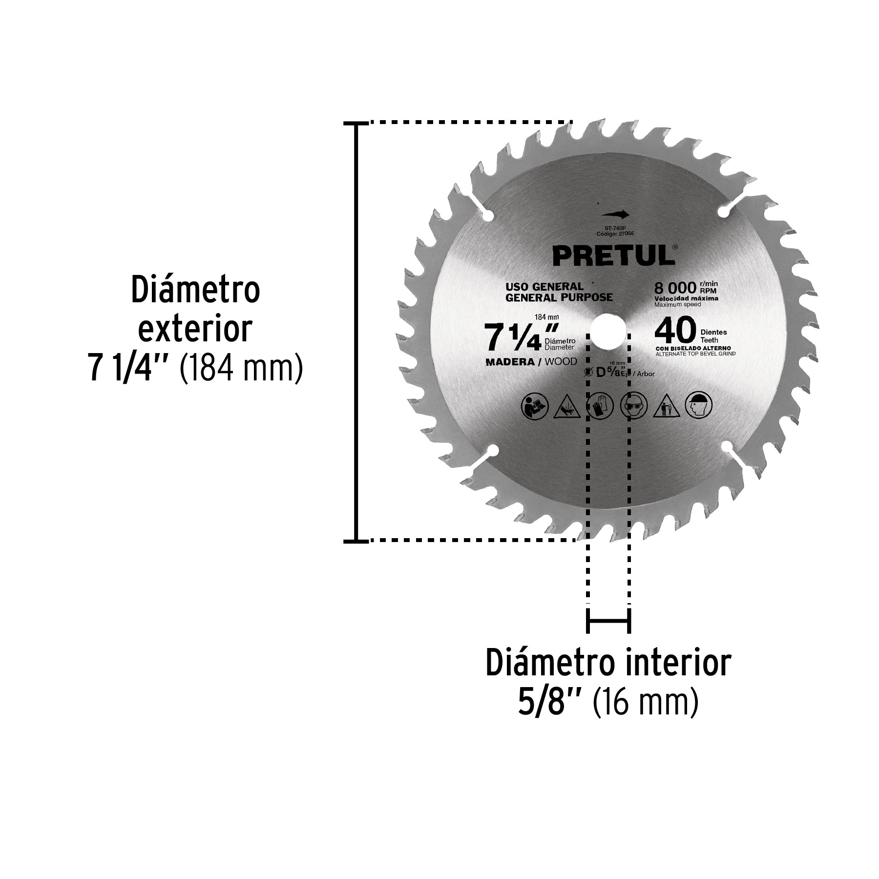 Sierra circular p/madera7-1/4",40 dientes,centro 5/8",Pretul