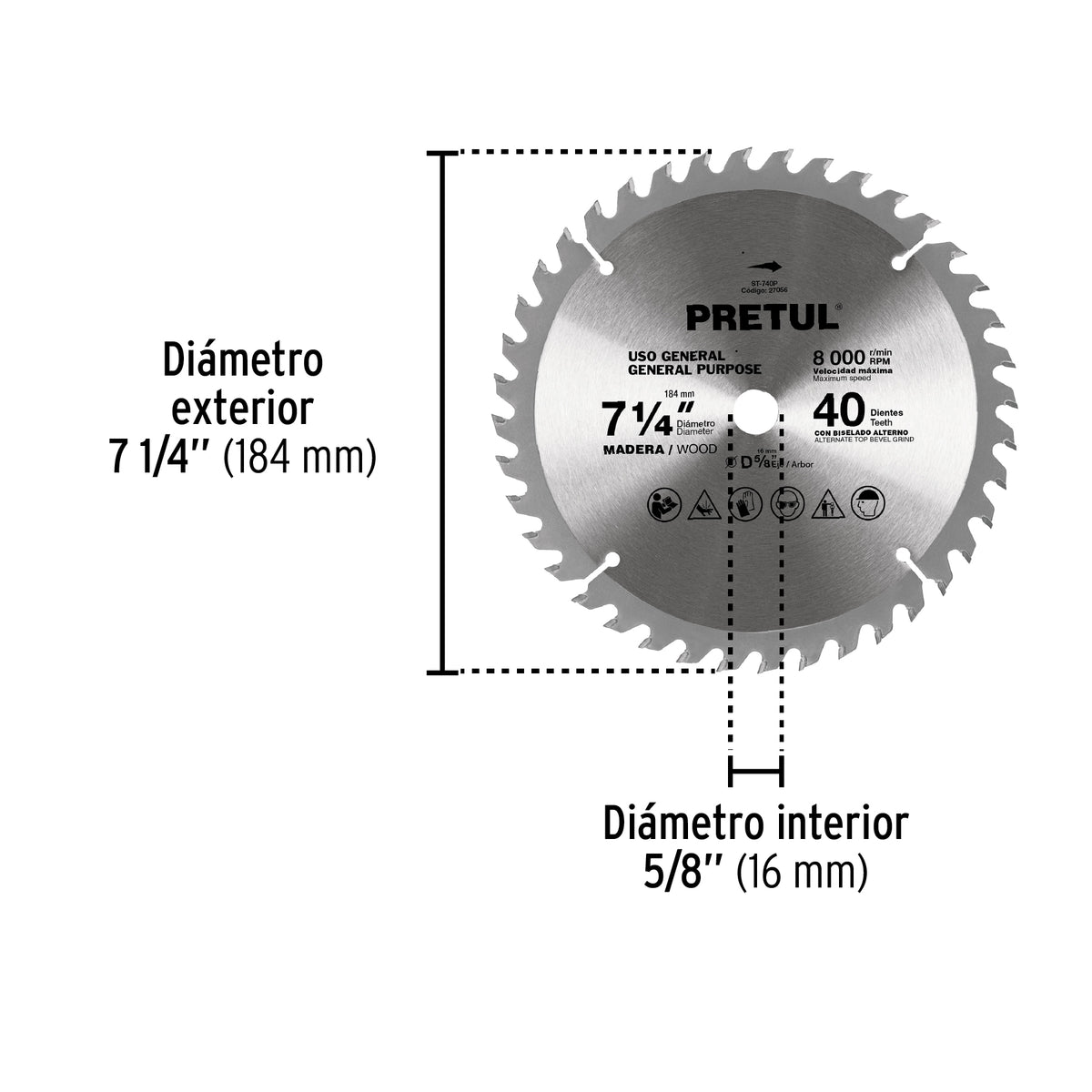 Sierra circular p/madera7-1/4",40 dientes,centro 5/8",Pretul