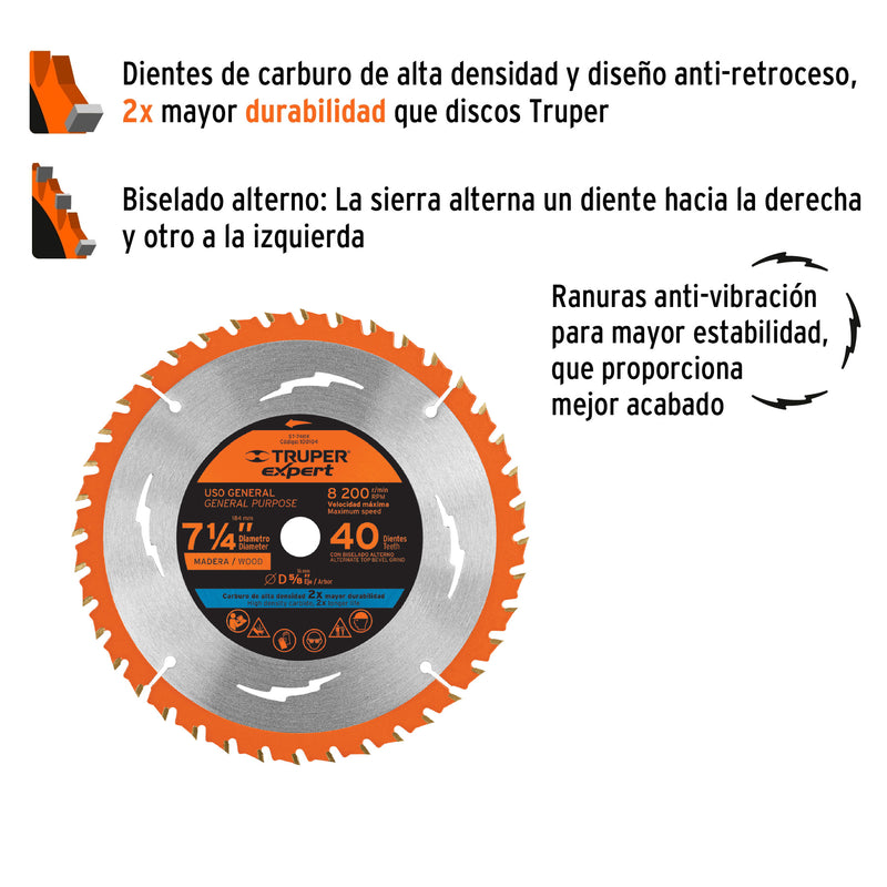 Disco sierra p/madera 7-1/4", 40dpp, centro 5/8",Expert