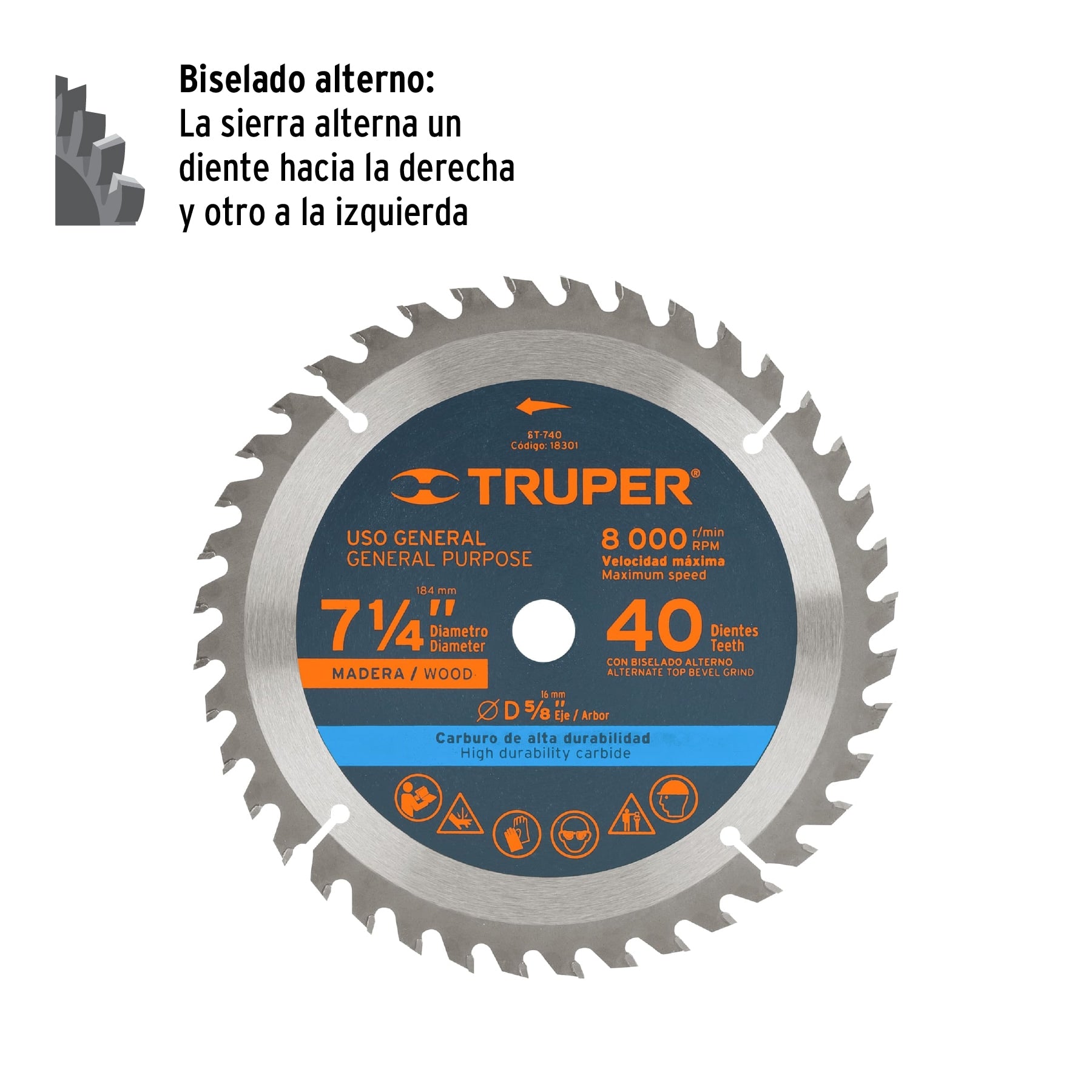 Disco sierra p/madera 7-1/4", 40 dientes, centro 5/8"