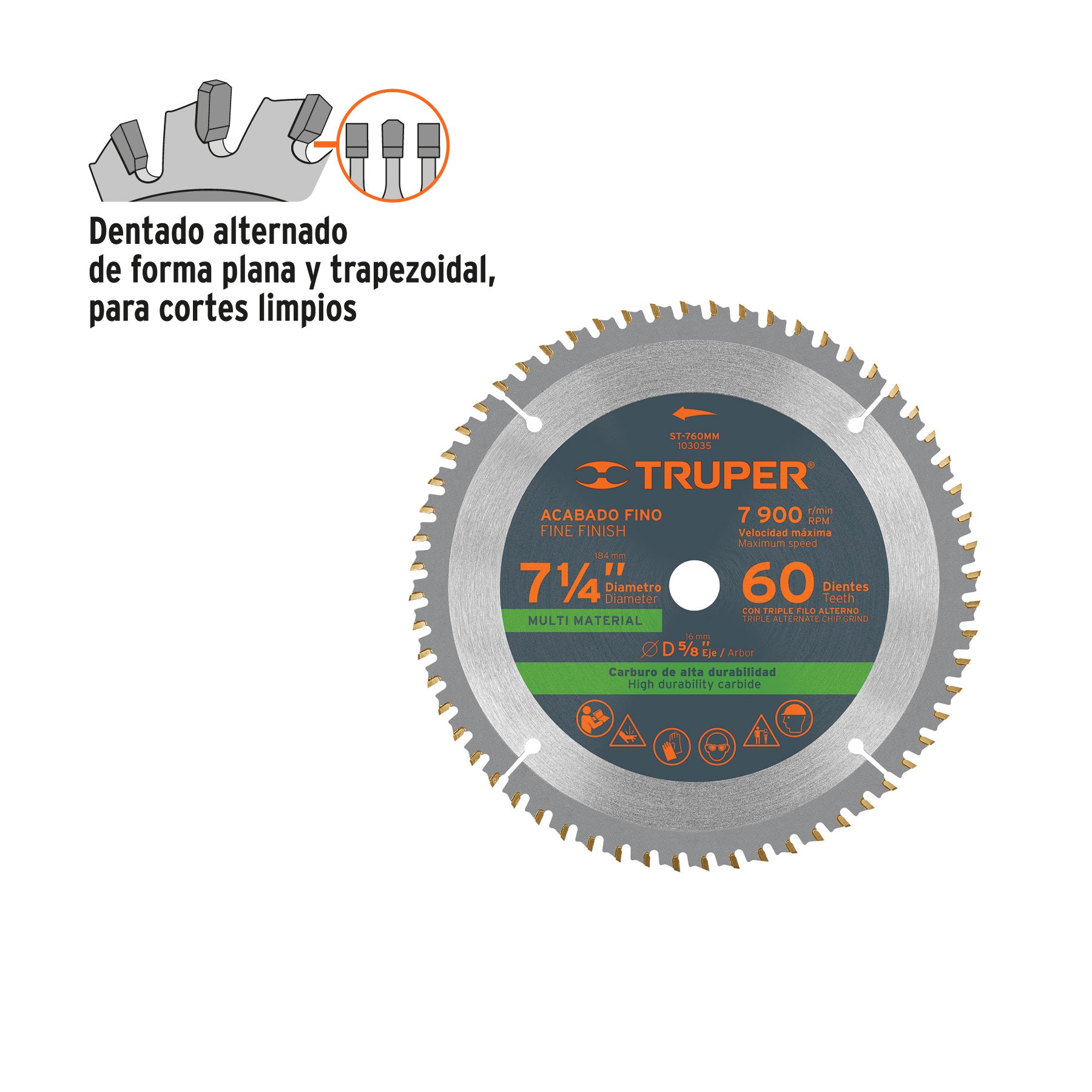 Disco sierra 7-1/4' multimaterial, 60 dientes centro 5/8'