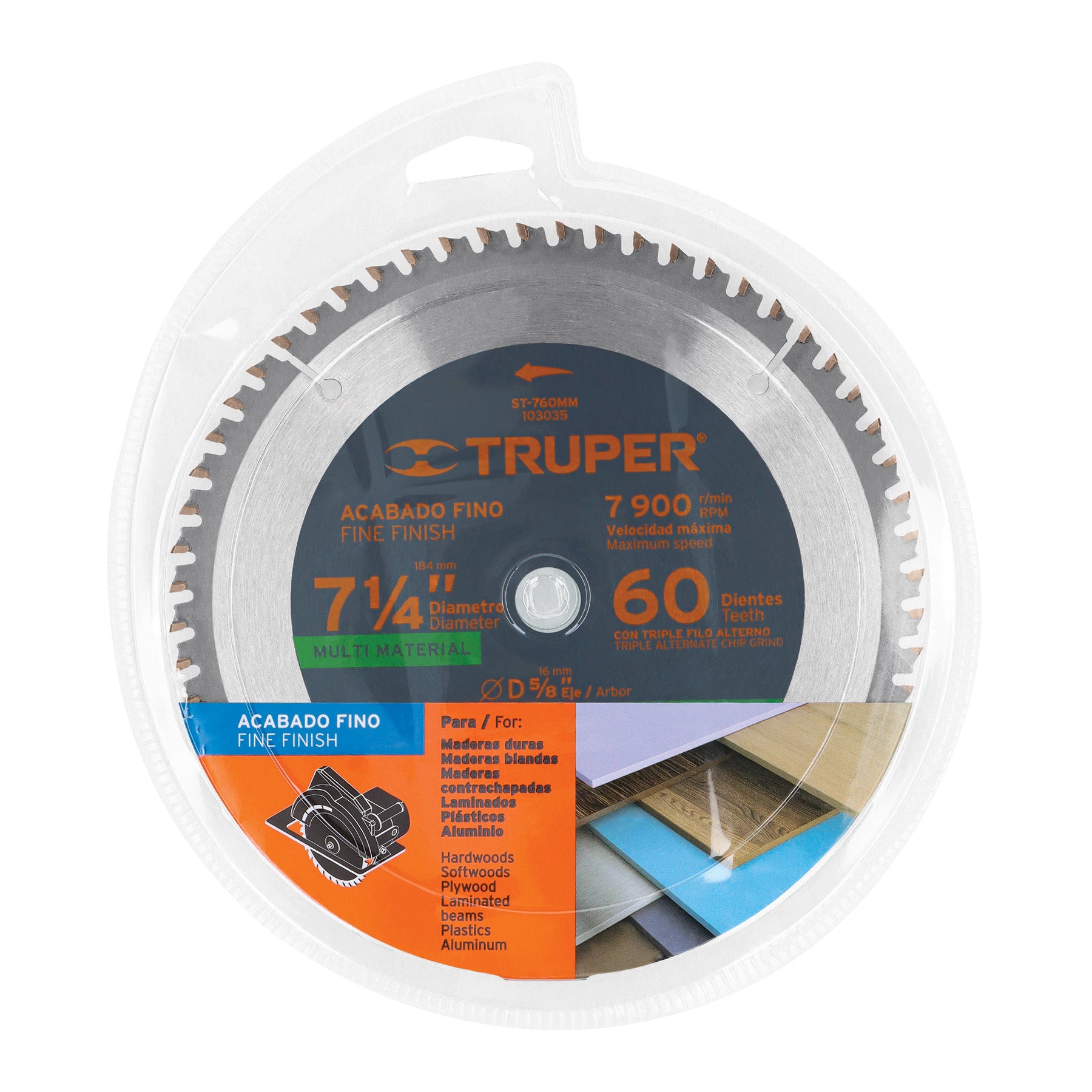 Disco sierra 7-1/4' multimaterial, 60 dientes centro 5/8'
