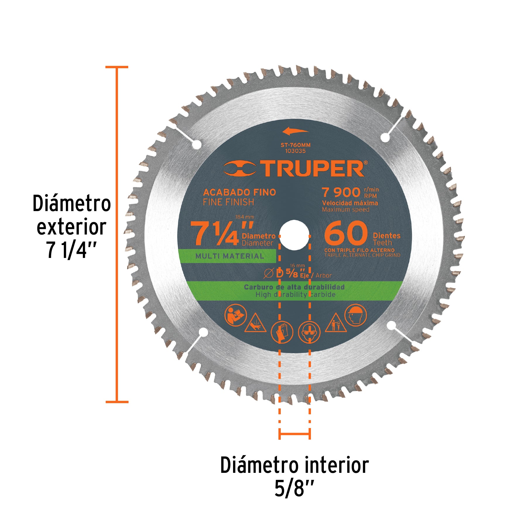 Disco sierra 7-1/4' multimaterial, 60 dientes centro 5/8'