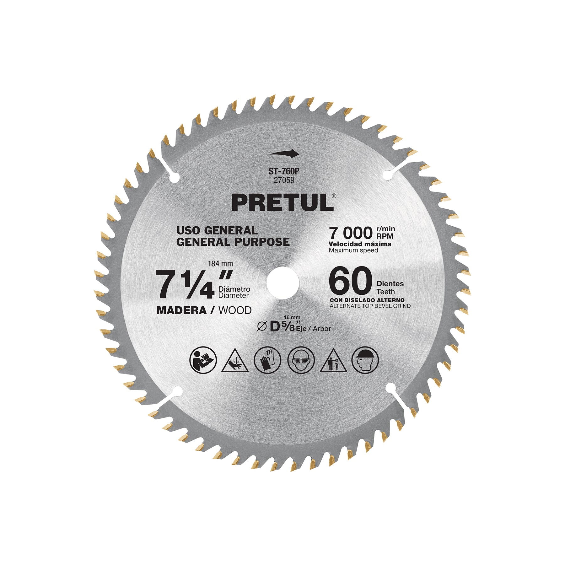 Disco sierra p/madera 7-1/4", 60dpp, centro 5/8",Pretul