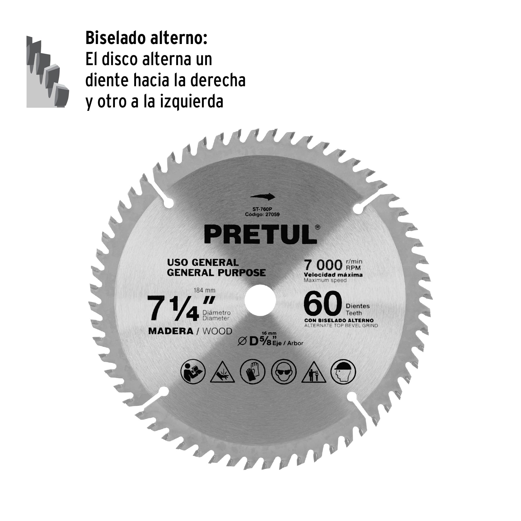 Disco sierra p/madera 7-1/4", 60dpp, centro 5/8",Pretul