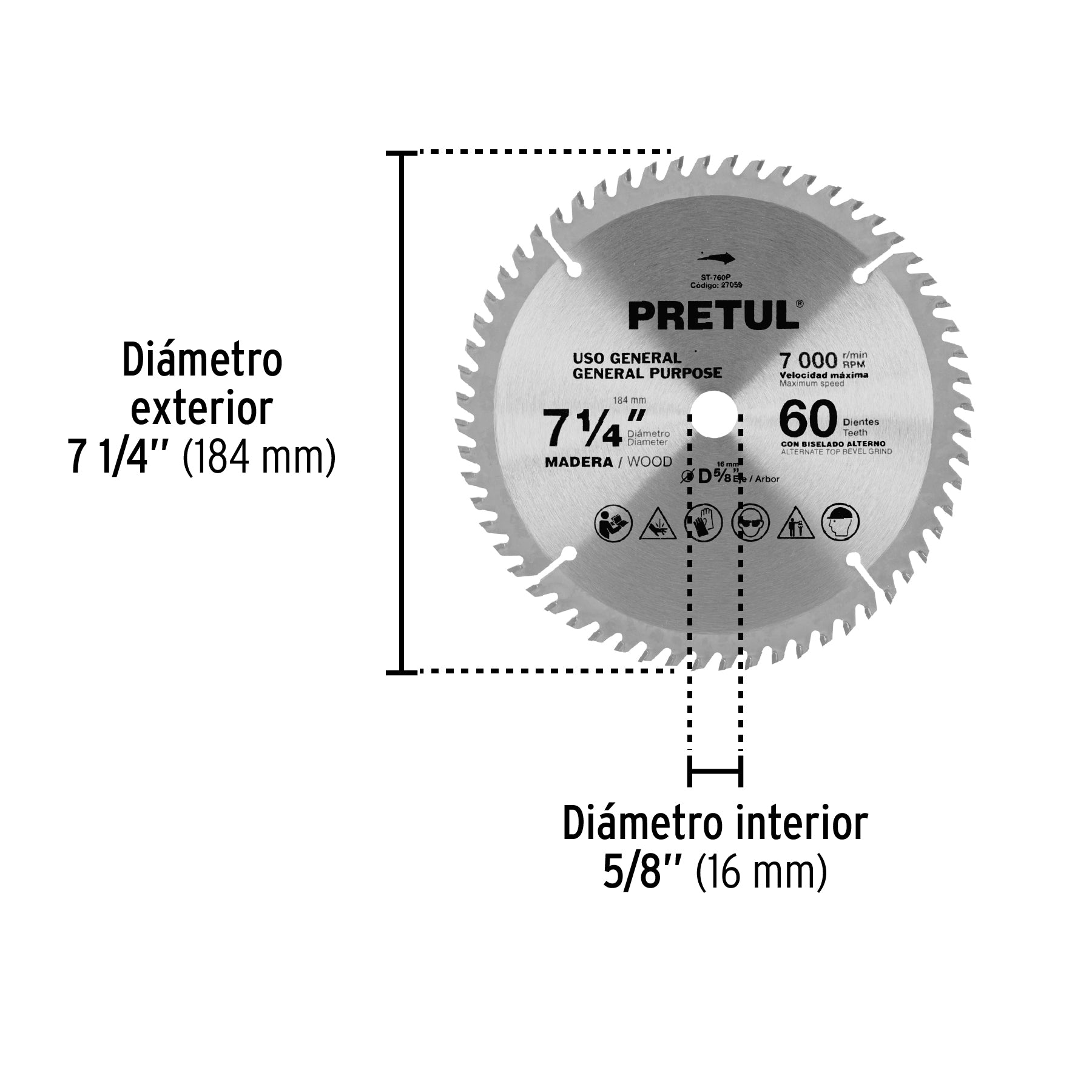 Disco sierra p/madera 7-1/4", 60dpp, centro 5/8",Pretul