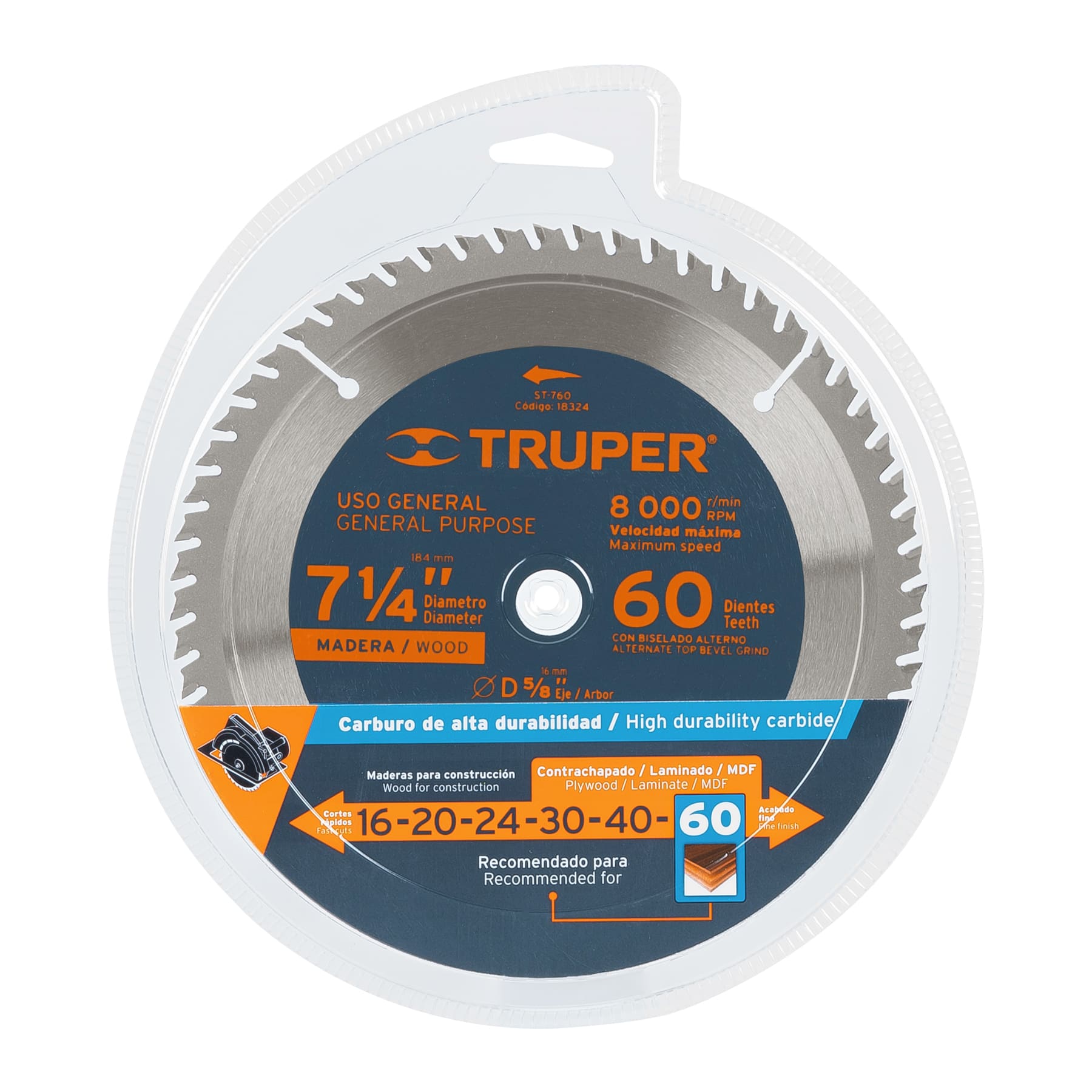 Disco sierra p/madera 7- 1/4", 60 dientes, centro 5/8"