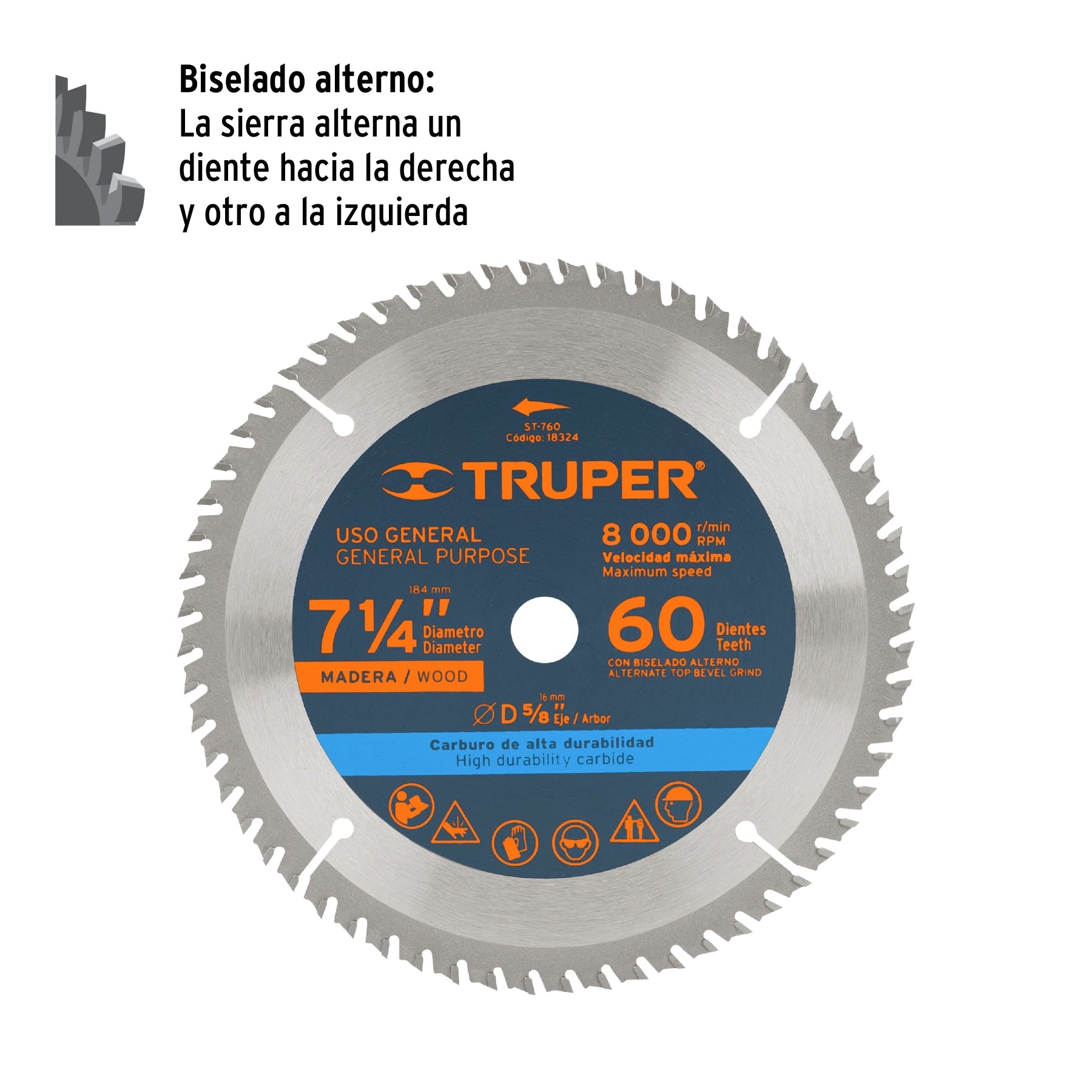 Disco sierra p/madera 7- 1/4", 60 dientes, centro 5/8"