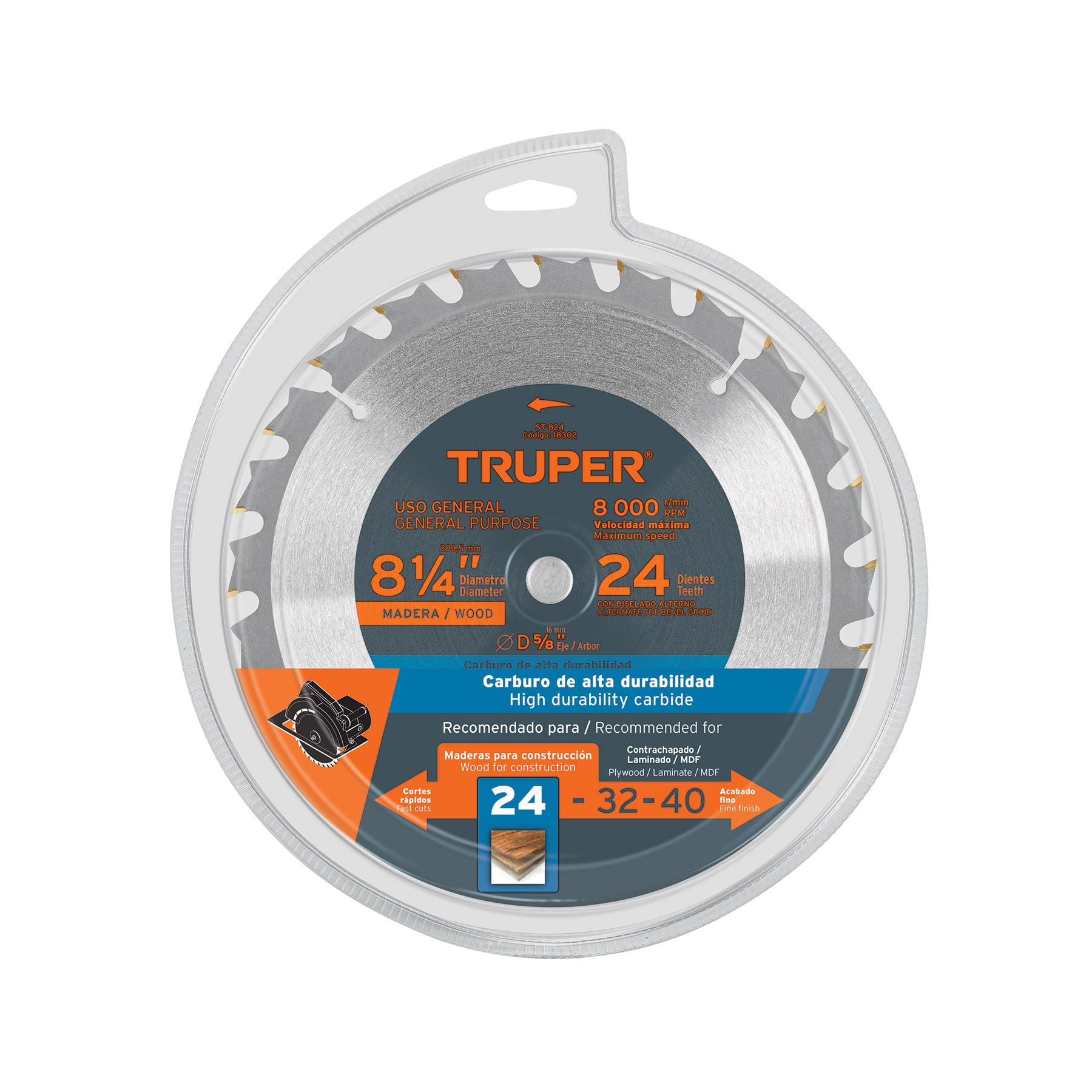 Disco sierra p/madera 8-1/4", 24 dientes, centro 5/8"