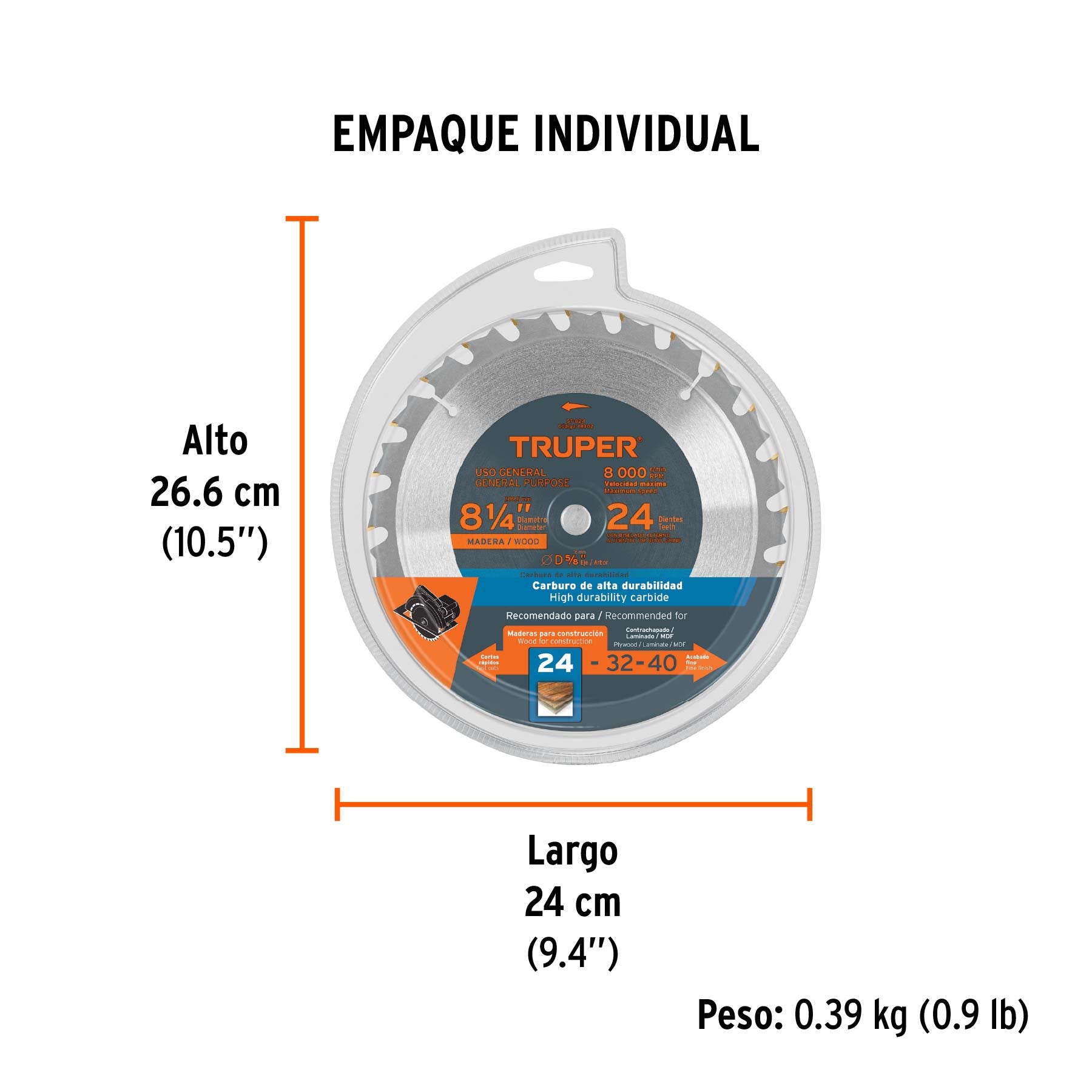 Disco sierra p/madera 8-1/4", 24 dientes, centro 5/8"