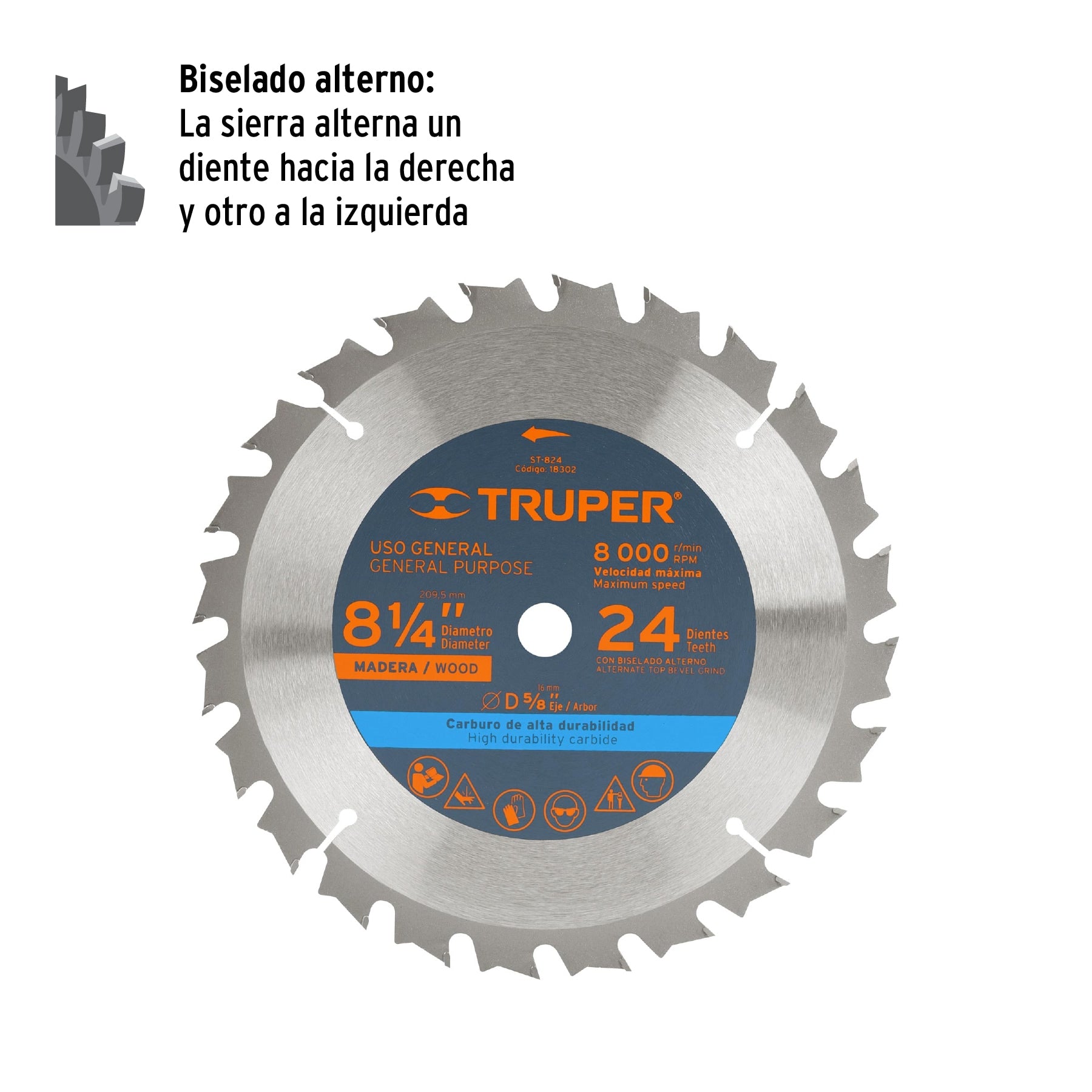 Disco sierra p/madera 8-1/4", 24 dientes, centro 5/8"