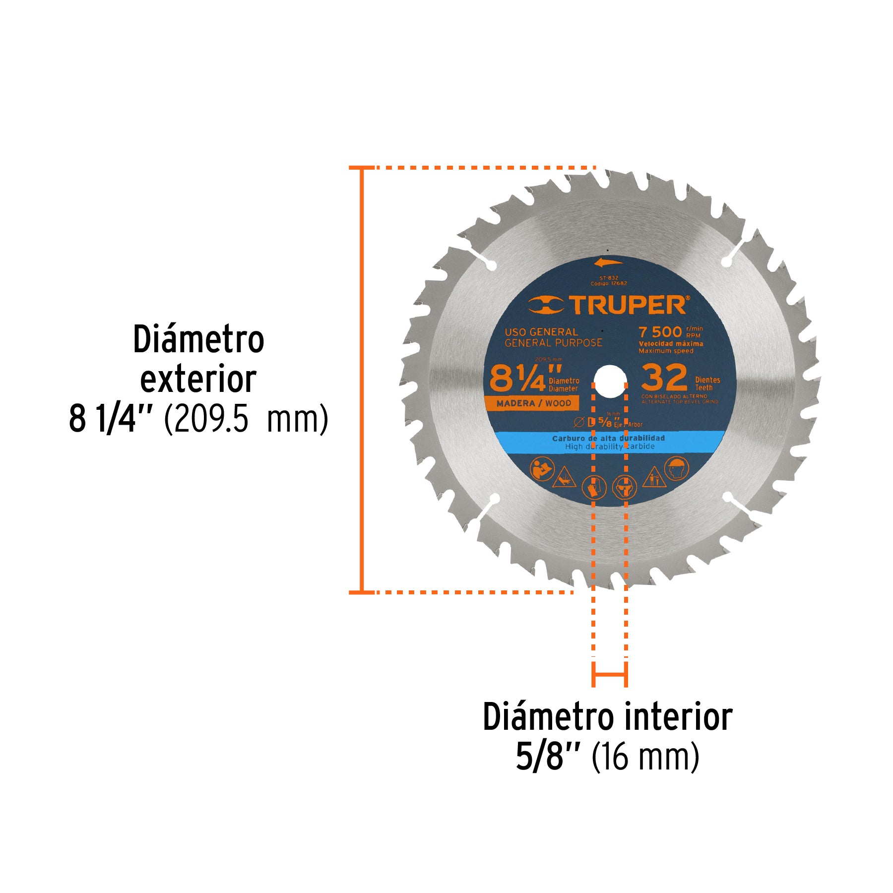 Disco sierra p/madera 8-1/4", 32 dientes, centro 5/8"