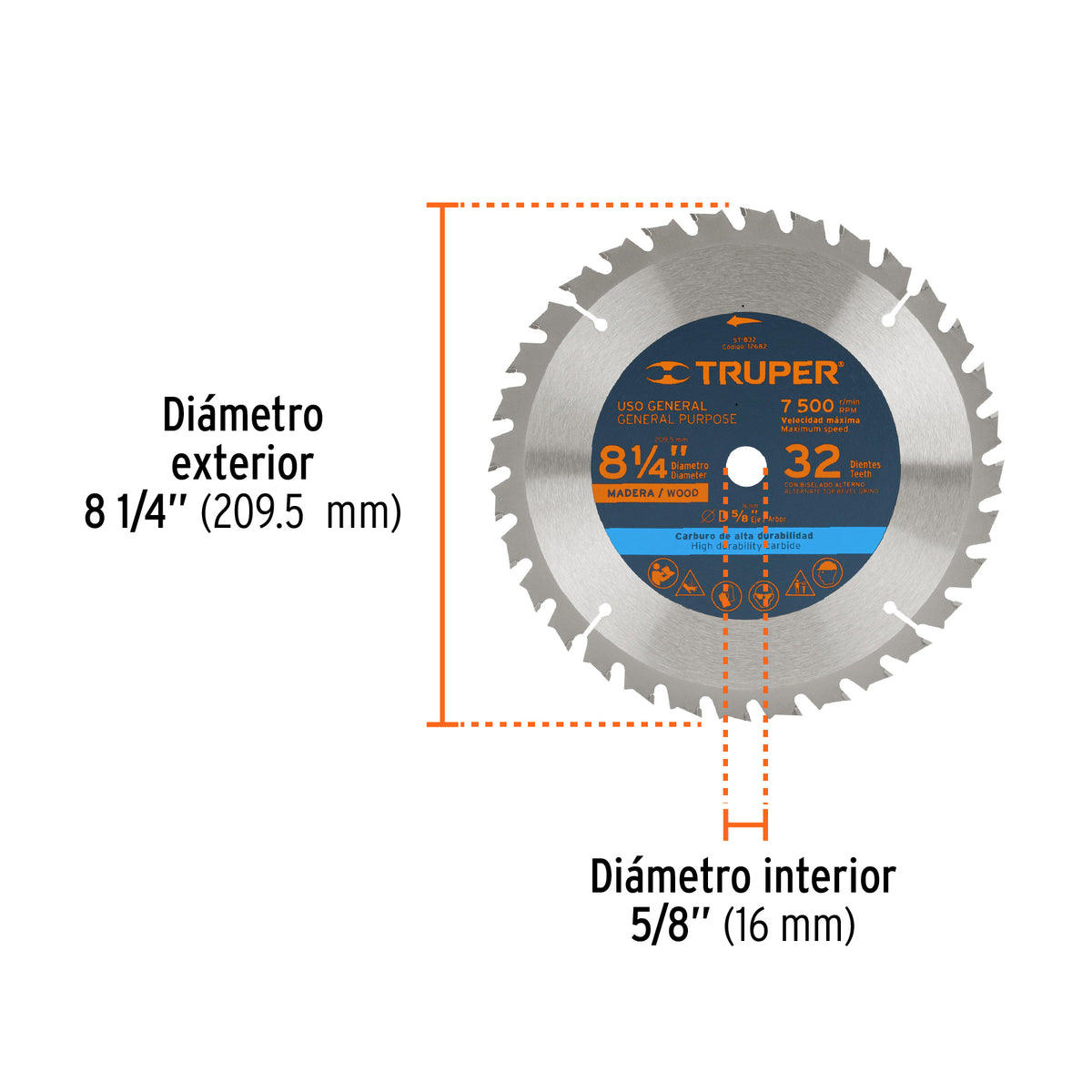 Disco sierra p/madera 8-1/4", 32 dientes, centro 5/8"
