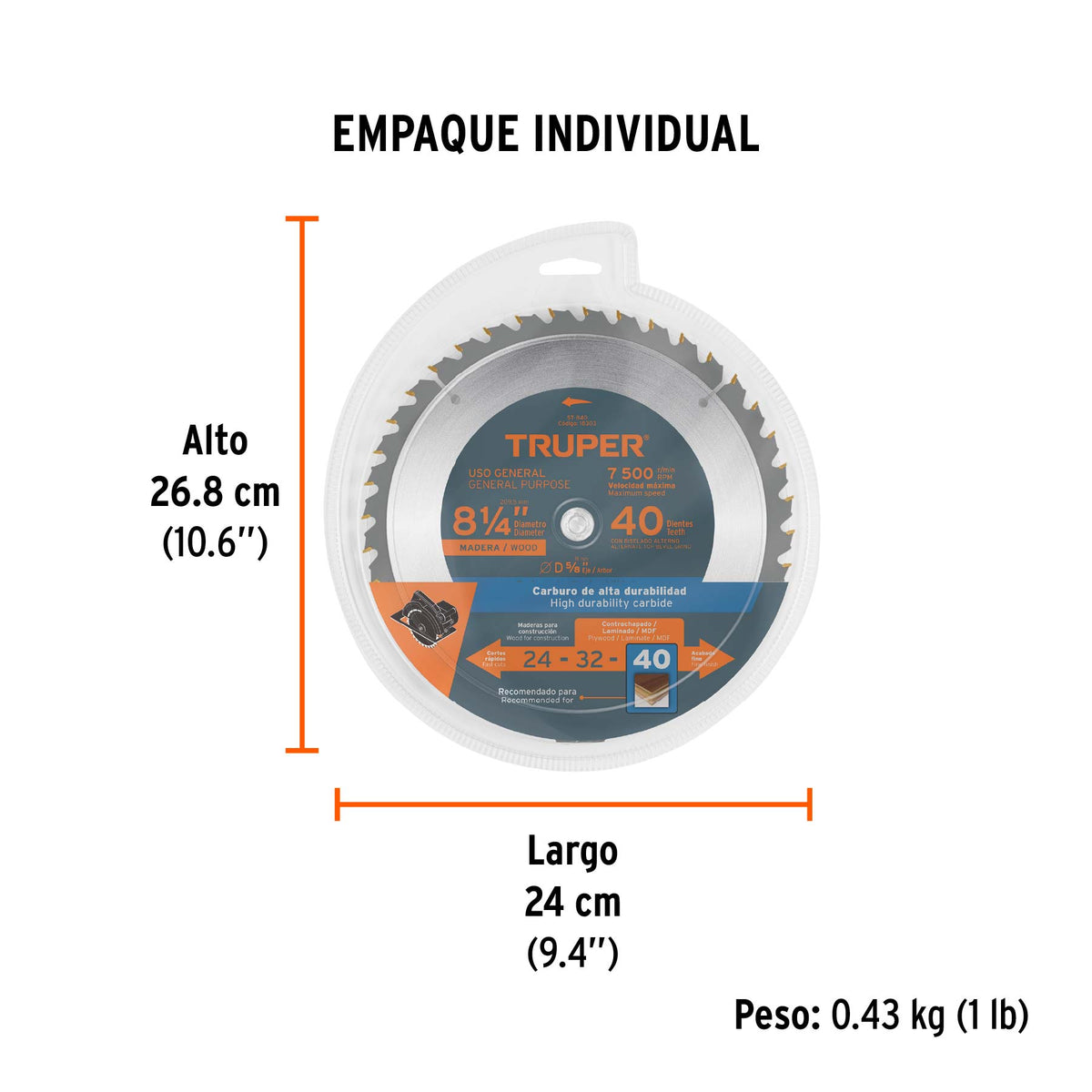 Disco sierra p/madera 8-1/4", 40 dientes, centro 5/8"