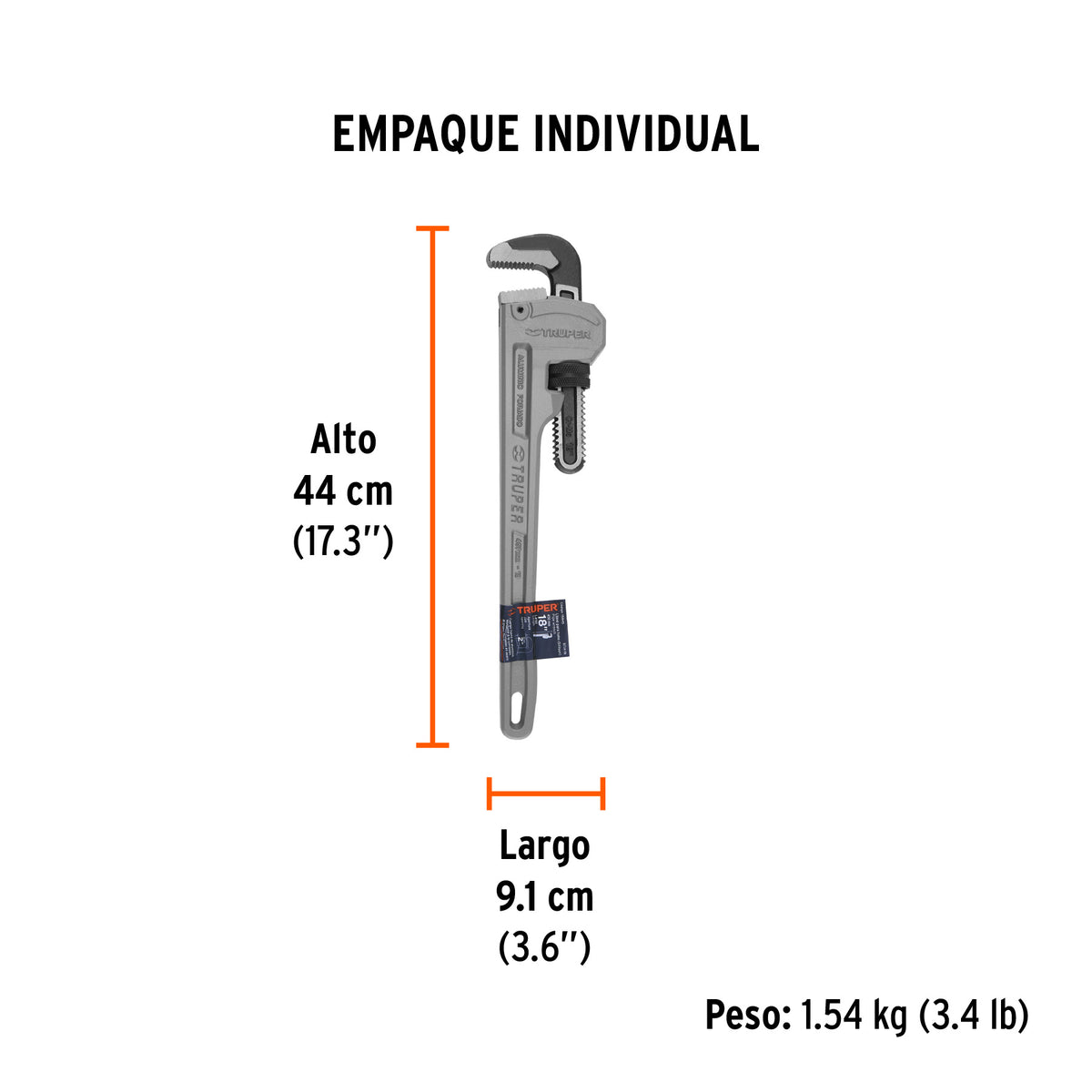 Llave para tubo, stilson, de aluminio, 18"