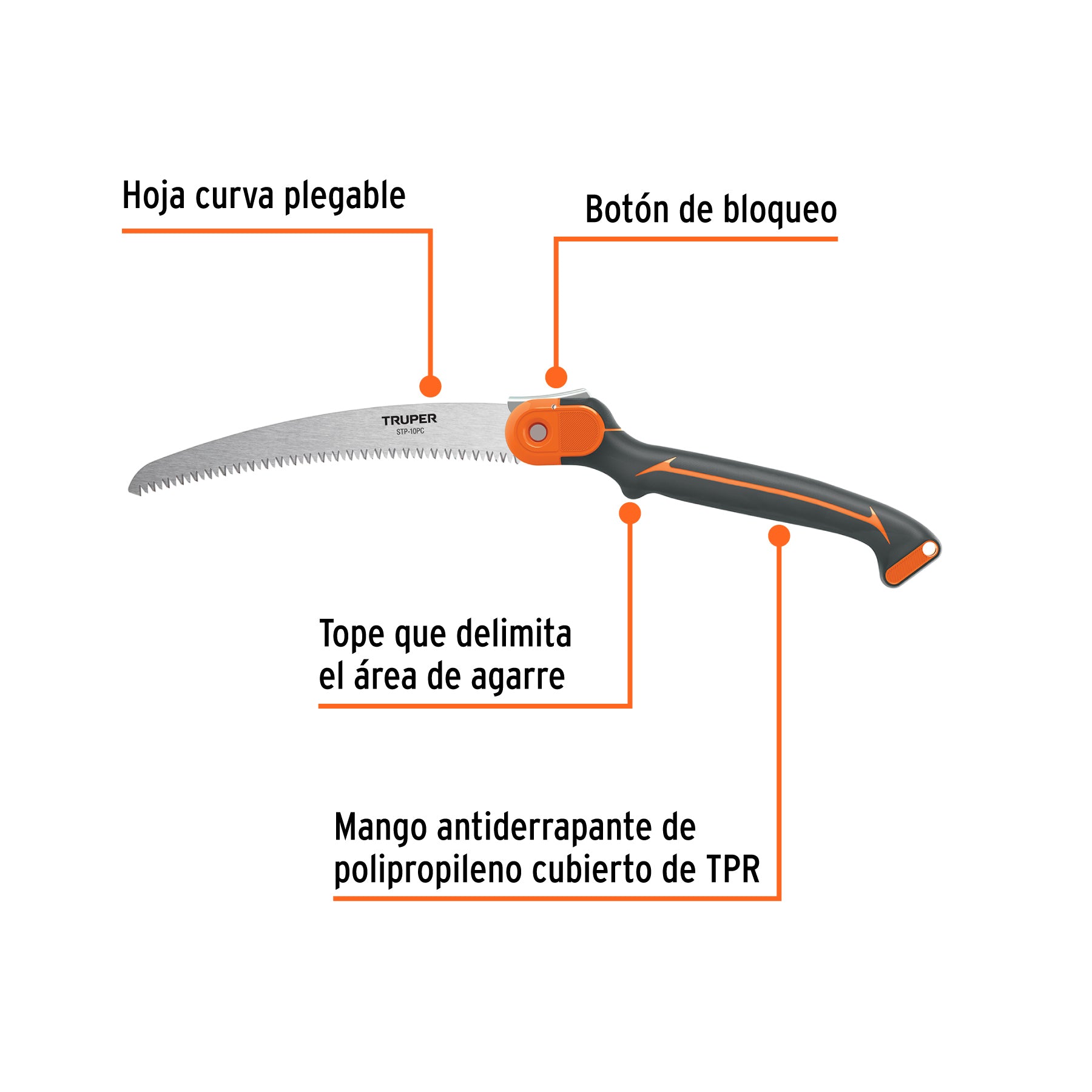 Serrucho poda 10", plegable, hoja curva, comfort grip,7DPP