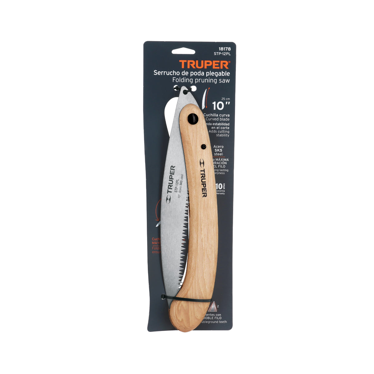 Serrucho de poda 12", plegable, mango de madera, 6 DPP