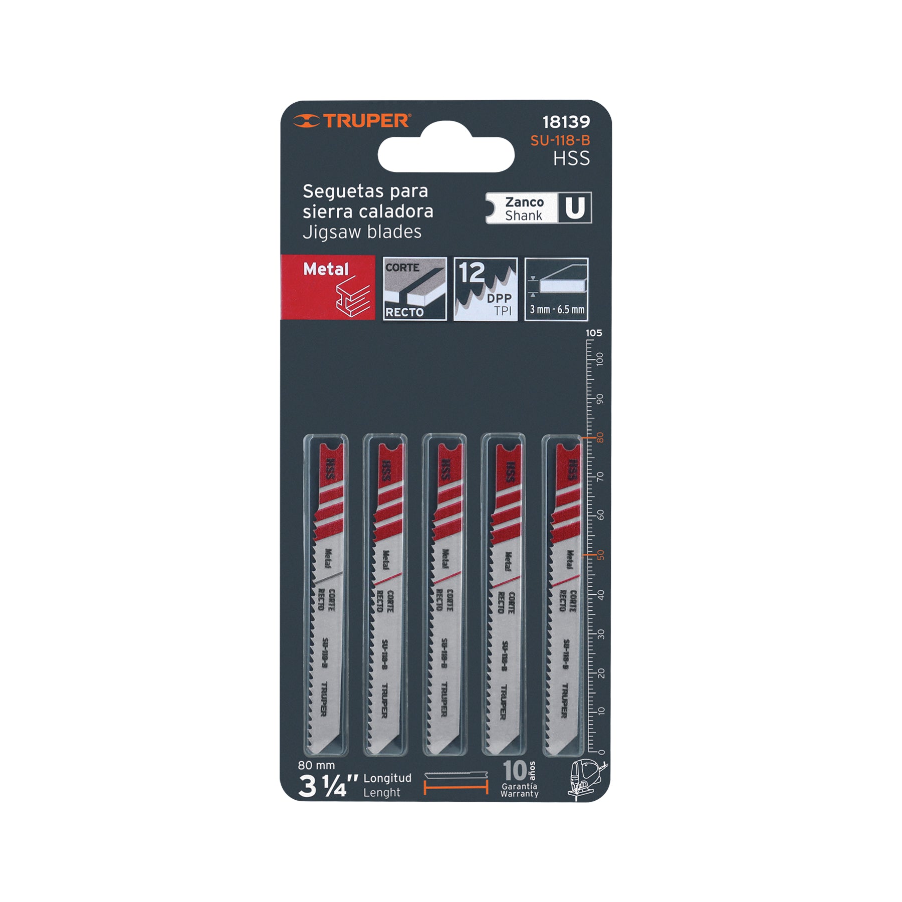 Segueta caladora,cortes rectos metal, zanco u,12dpp,5 pzas